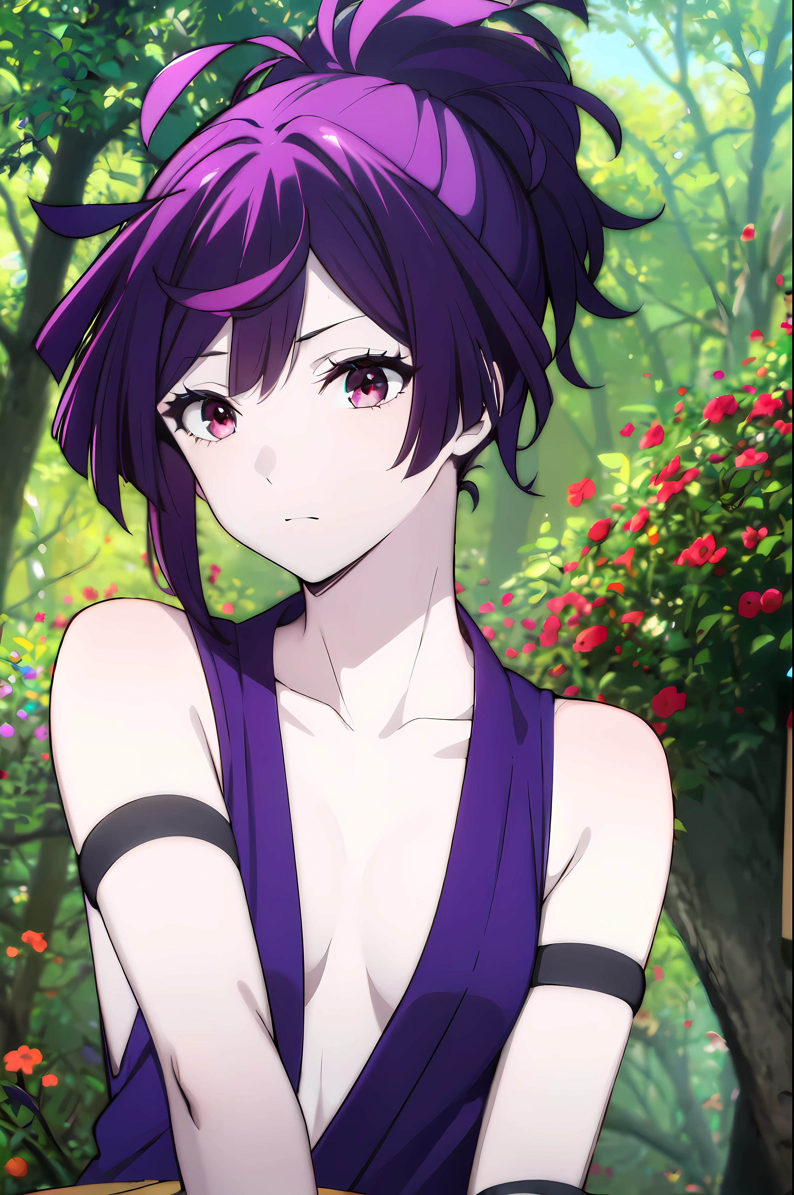 detailed, (masterpiece:1.2), (pale_skin:1.2), (solo:1.2), (female), (emphasis lines:1.3), slender, (purple hair), outdoors, sky, (armbands), bare shoulders, collarbone, bracelets, purple eyes, leaves, trees, bangs, kunoichi outfit, ponytail