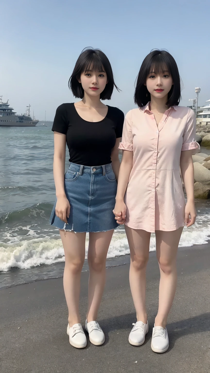 Ultra-clear,8K,Reality,2 girls,Chinese girl,Japan student,,small leather shoes,at the seaside