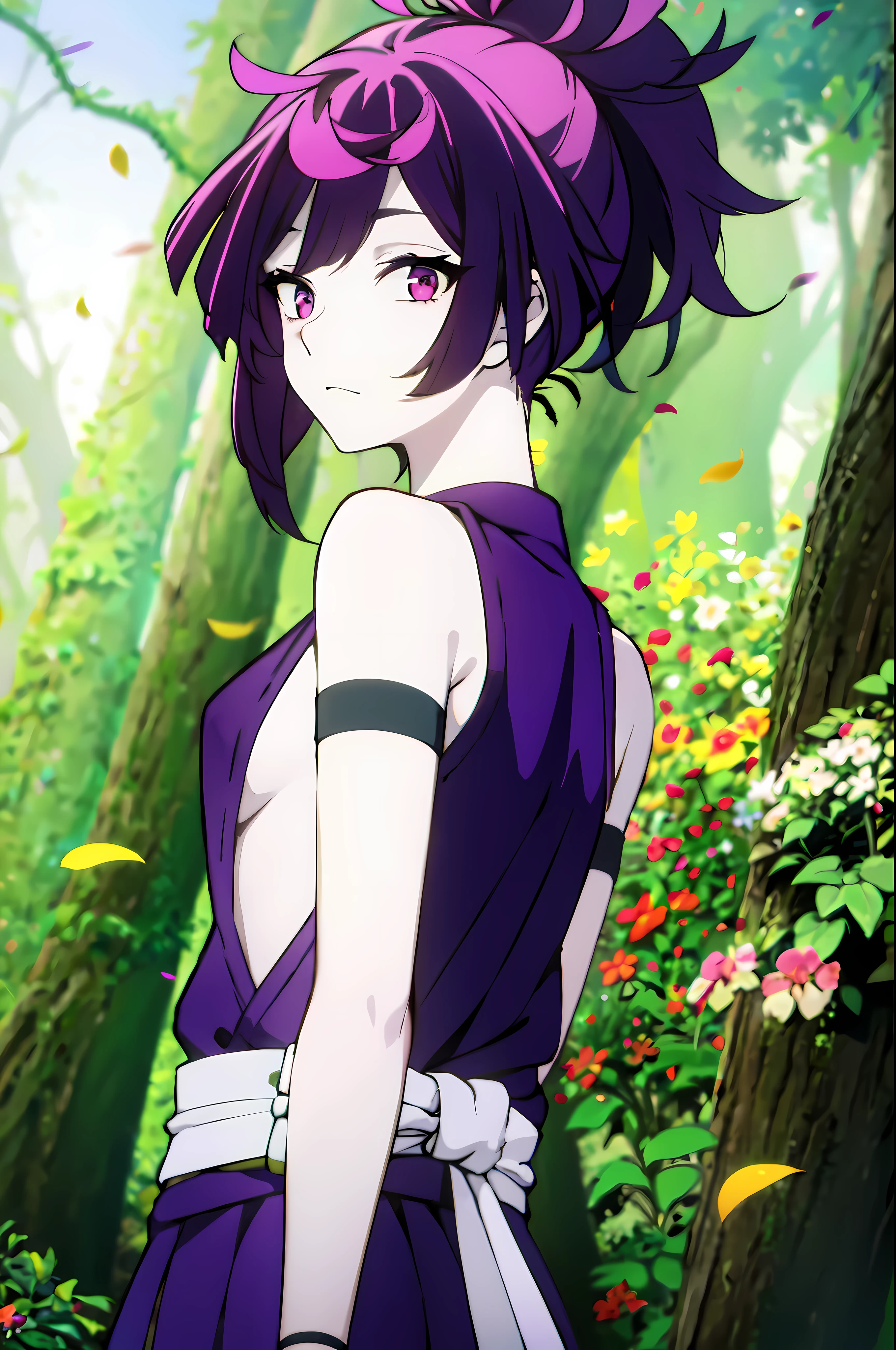 detailed, (masterpiece:1.2), (pale_skin:1.2), (solo:1.2), (female), (emphasis lines:1.3), slender, (purple hair), outdoors, sky, (armbands), bare shoulders, purple eyes, leaves, trees, bangs, kunoichi outfit, ponytail