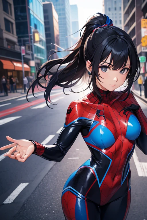 12 years, 1girl, solo, ponytail black hair, brown eyes, light smile, sexy pose, blue energy ball in her hand, standing, full body, suit spiderman (red and blue outfit:1.3), symbiose, spider symbol on chest, city, night