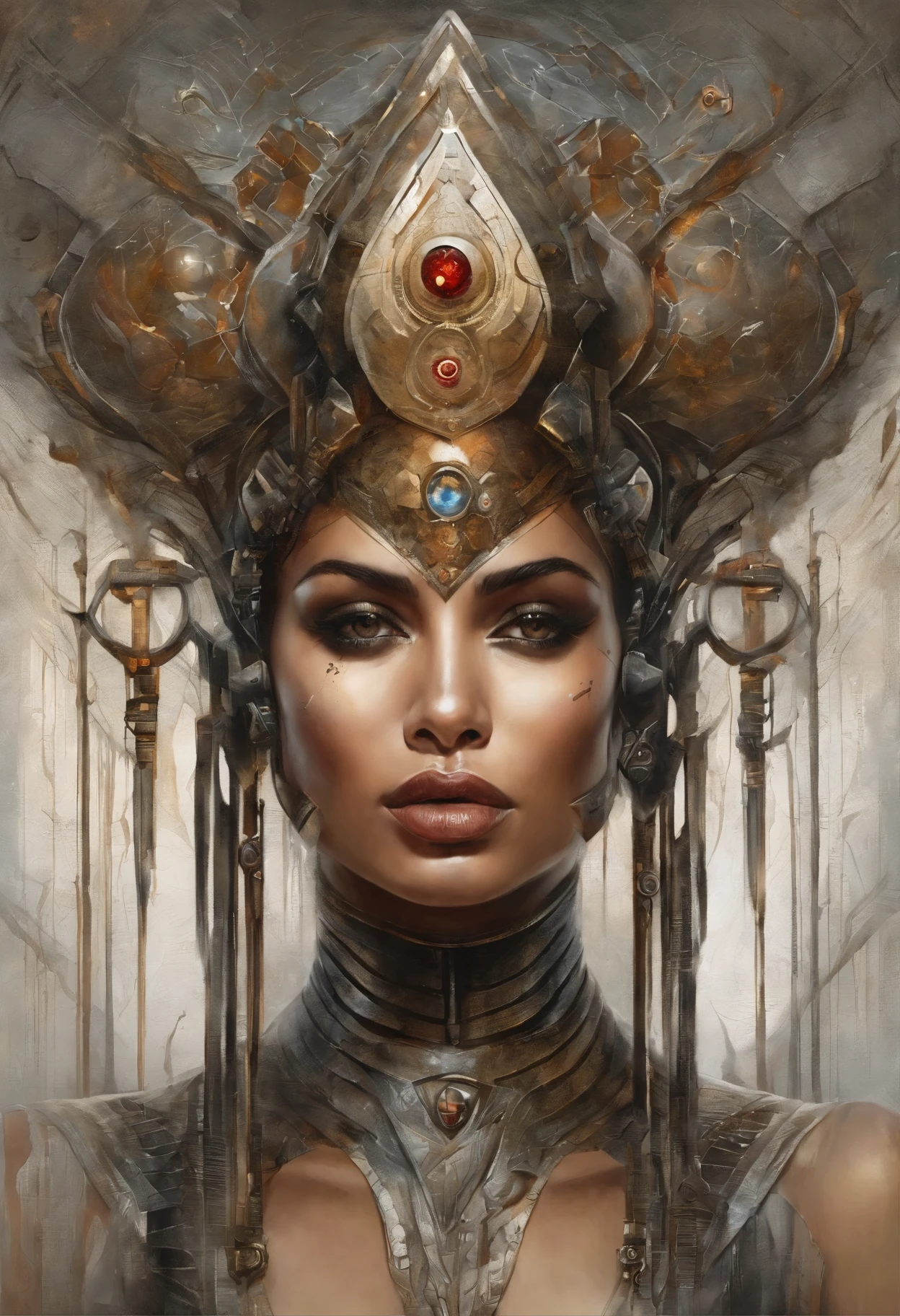 futuristic indigenous futurism,actress priyanka chopra as An advanced cybernetic cyborg indian Hindu goddesses of war, sensuality,artistic details,cyberpunk hindu mythology,epic sci-fi fantasy, centered,in the style of Nick Alm fantastical futuristic fantasy compositions, dark prism, dark, metallic compositions, symmetrical arrangements, iridescent metallic colors , distinctive noses, ethereal,blood splatter colorful, eye-catching metallic compositions, symmetrical geometry, distinctive noses, gothic references, with a bold lines and streaks of black,white,red, gold and silver, fantasy sci-fi art, a detailed painting, ,Alex Alemany merge Karol Bak