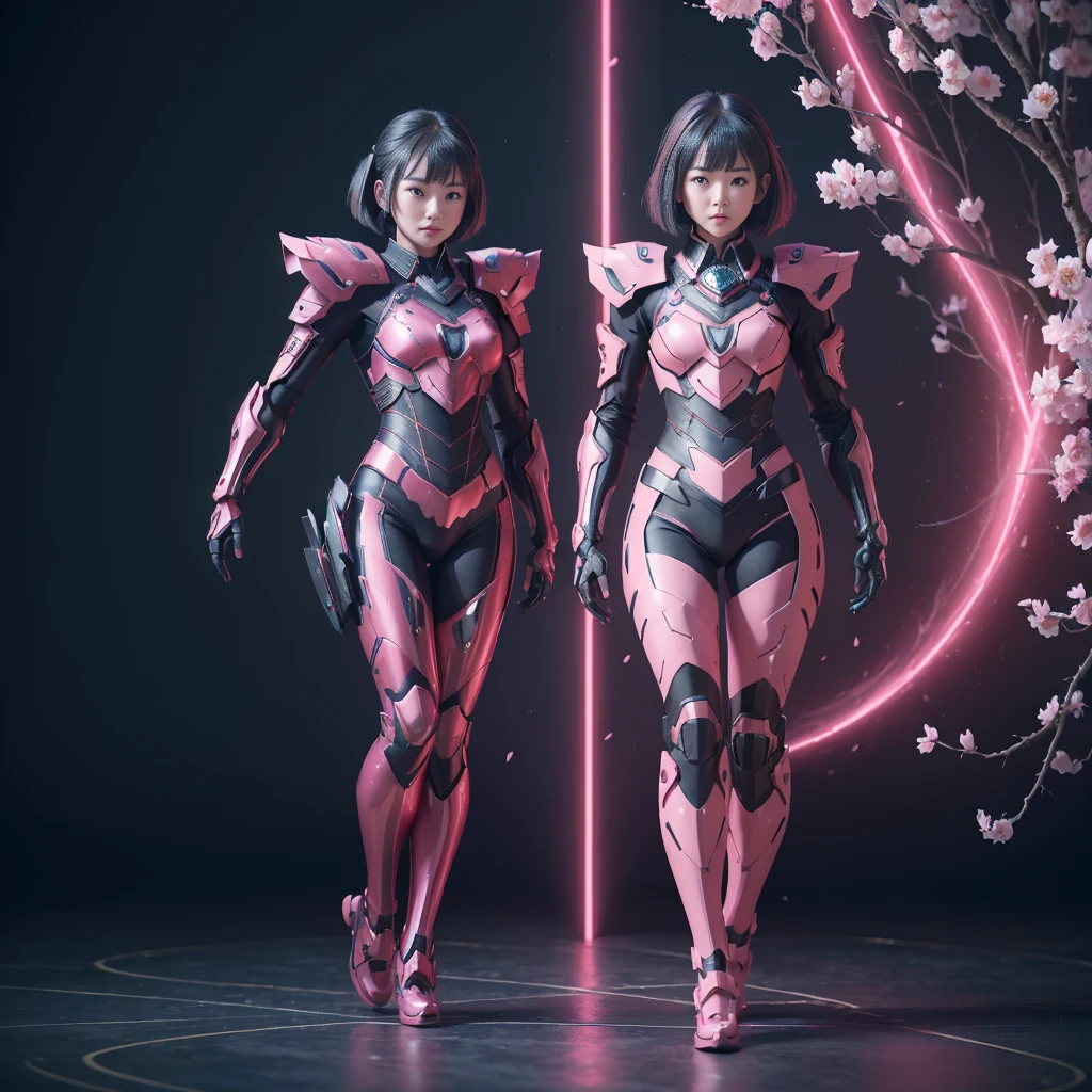 (((full body photo))) (((3girl))),  beautiful japanese young woman, wearing ninja armor, thick symmetrical features, very short hair, background is cherry blossoms, pink aura, red lips, octane render,