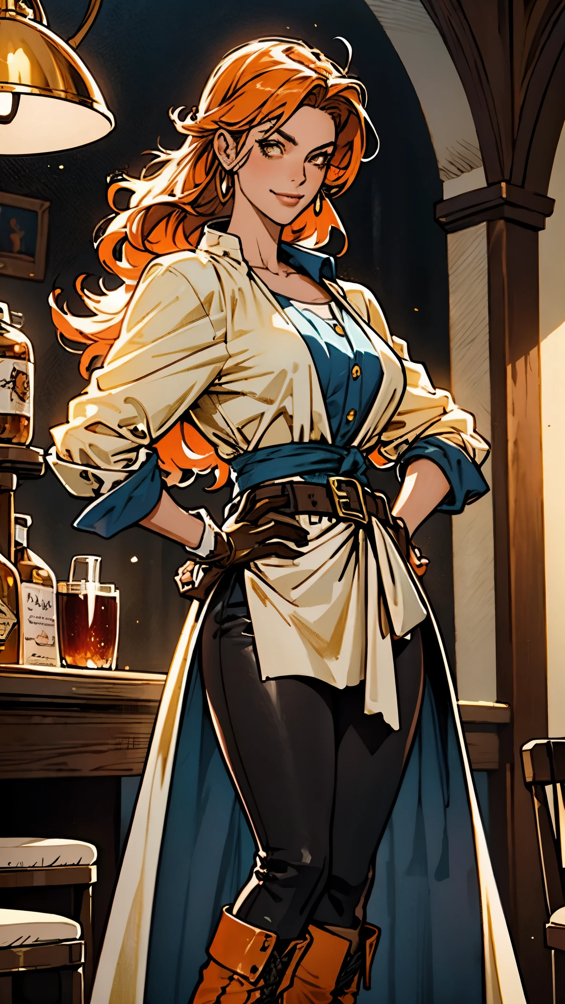 A beautiful woman with flowing orange long hair, exquisite facial features, a playful smile, confident eyes, a tall figure, a two-piece fantasy-style pirate robe coat, yellow as the main color, complemented by red accents, long wrist guard gloves on her hands, a gold belt around her waist with a short hem, leather pants, knee-high boots, standing with her hands on her hips in front of a fantasy medieval-style port tavern, this character embodies a finely crafted fantasy-style female pirate in anime style, exquisite and mature manga art style, high definition, best quality, highres, ultra-detailed, ultra-fine painting, extremely delicate, professional, anatomically correct, symmetrical face, extremely detailed eyes and face, high quality eyes, creativity, RAW photo, UHD, 8k, Natural light, cinematic lighting, masterpiece-anatomy-perfect, masterpiece:1.5