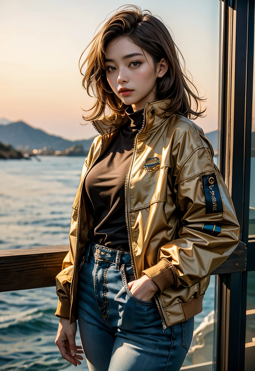(highest qualityの, highest quality, beautiful and aesthetic:1.2), (1 Japanese female), very detailed,sexy woman,best details, brown hair,composition of golden ratio, dynamic line of sight,coastal, wearing a jacket