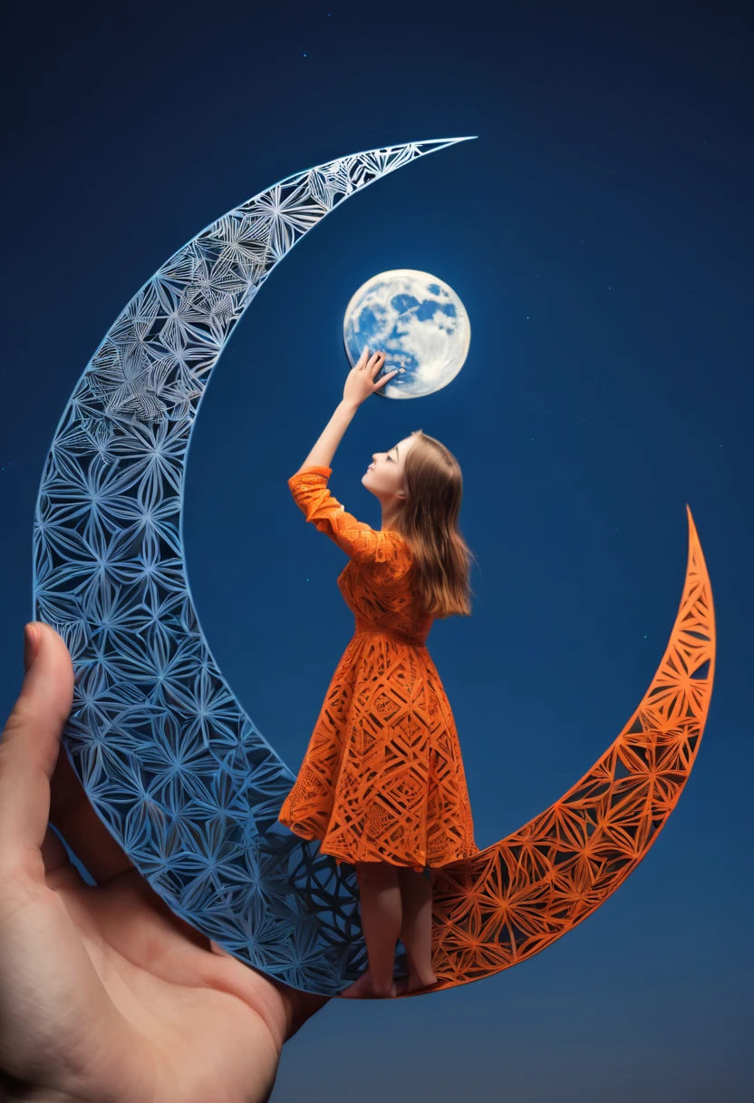 optical illusion, a girl in the distance, it seems that she is holding the moon in her hands, distant shot and close shot, optical illusion, zentangle, origami, cinematic, orange,blue,