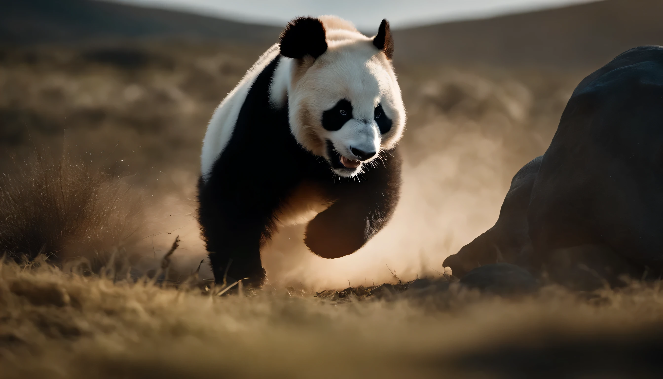 (best quality, 4K, Altas Resolampones, Super detailed),Long range shooting,look down,A picture of a panda being attacked by wolves, intense battles, Dusty prehistoric landscape, Realistic shadows, bright colors, (detailed, complicated, Elaborately crafted) Panda hair and texture, Panda expression, (dramatic, Dynamic) lamp, (powerful, Energetic) posture, (Nervousness, early stage) exist in the air,Blood,hunt,Protect yourself,A battle of life and death,grand,high angle shot,panoramic,Animal Wars