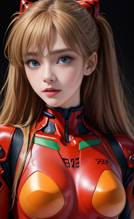 (masterpiece:1.4、highest quality)、(intricate details)、Unity8k wallpaper、super detailed、Beautiful and mysterious、detailed background、realistic、solo、perfectly detailed face、detailed blue eyes、very detailed、blush、hair ornaments、chignon mahogany hair、(blonde hair)、Plug suit 02,Shikinami Asuka Langley、Evangelion、look at the camera、facing the front、cute、full body suit、black background、big breasts