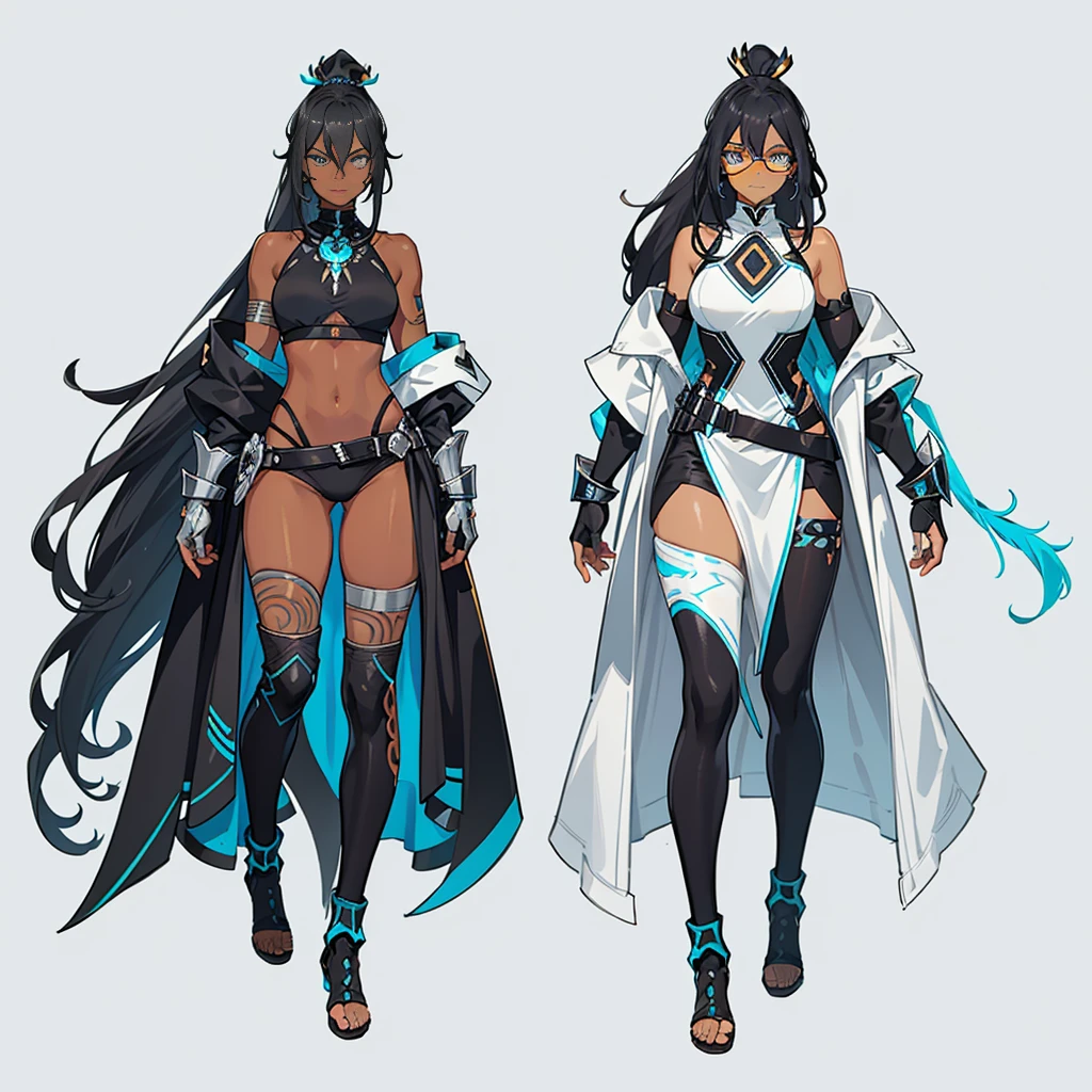(((concept Art))), (((One character))), Female, (((Dark Skin)))), Black Hair with Ponytail, Light Blue Eyes, Round Glasses with a Slightly Dark Lens with this Lens being Orange, and the Light Blue Color frame, ((Black Metallic Gauntlets and Greaves with silver and Silver Highlights)), (((The Clothes Have a Mix of Modern and Tribal))), (((The Clothes Have a Mix of Modern and Tribal))), having mostly the color black, but having parts in silver, shoulders exposed, at the hip a pants that extend to half of the thigh of black color.