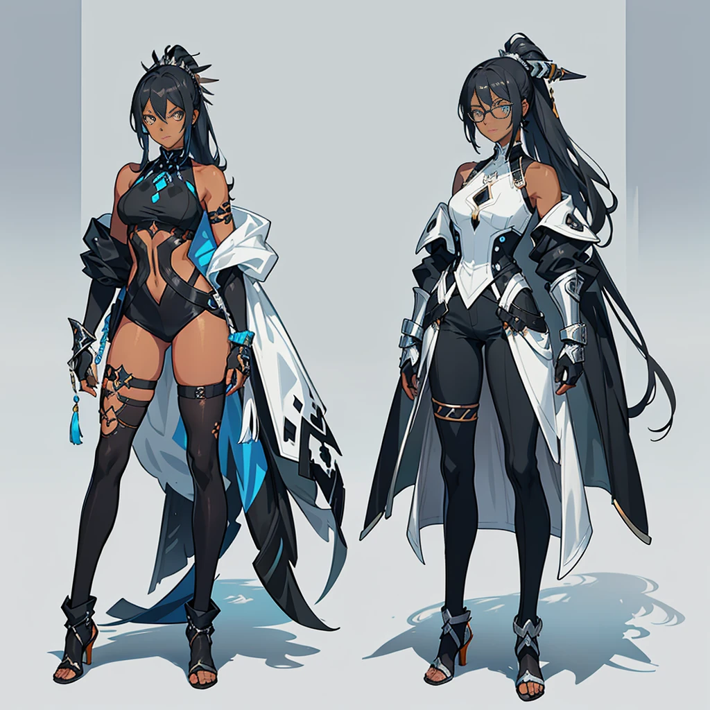 (((concept Art))), (((One character))), Female, (((Dark Skin)))), Black Hair with Ponytail, Light Blue Eyes, Round Glasses with a Slightly Dark Lens with this Lens being Orange, and the Light Blue Color frame, ((Black Metallic Gauntlets and Greaves with silver and Silver Highlights)), (((The Clothes Have a Mix of Modern and Tribal))), (((The Clothes Have a Mix of Modern and Tribal))),  having mostly the color black, but having parts in silver, shoulders exposed, at the hip a pants that extend to half of the thigh of black color.