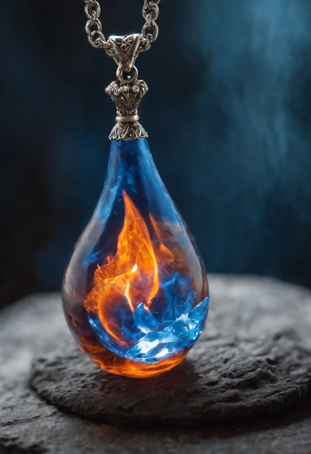 A blue glass pendant with red-hot fire inside and ice hangs on a chain, close up shot of an amulet, magic blue flame, magic amulet, blue flame, orange splash!, breathing blue flame, Portal to the Realm of the Lost Flame, blue flame, Magic Items, amulet, blue flame, Fantasy close-up with water magic and fire magic intertwined, holy flame spell, emerging from blue flame, fire, ash crystal, blue flameball