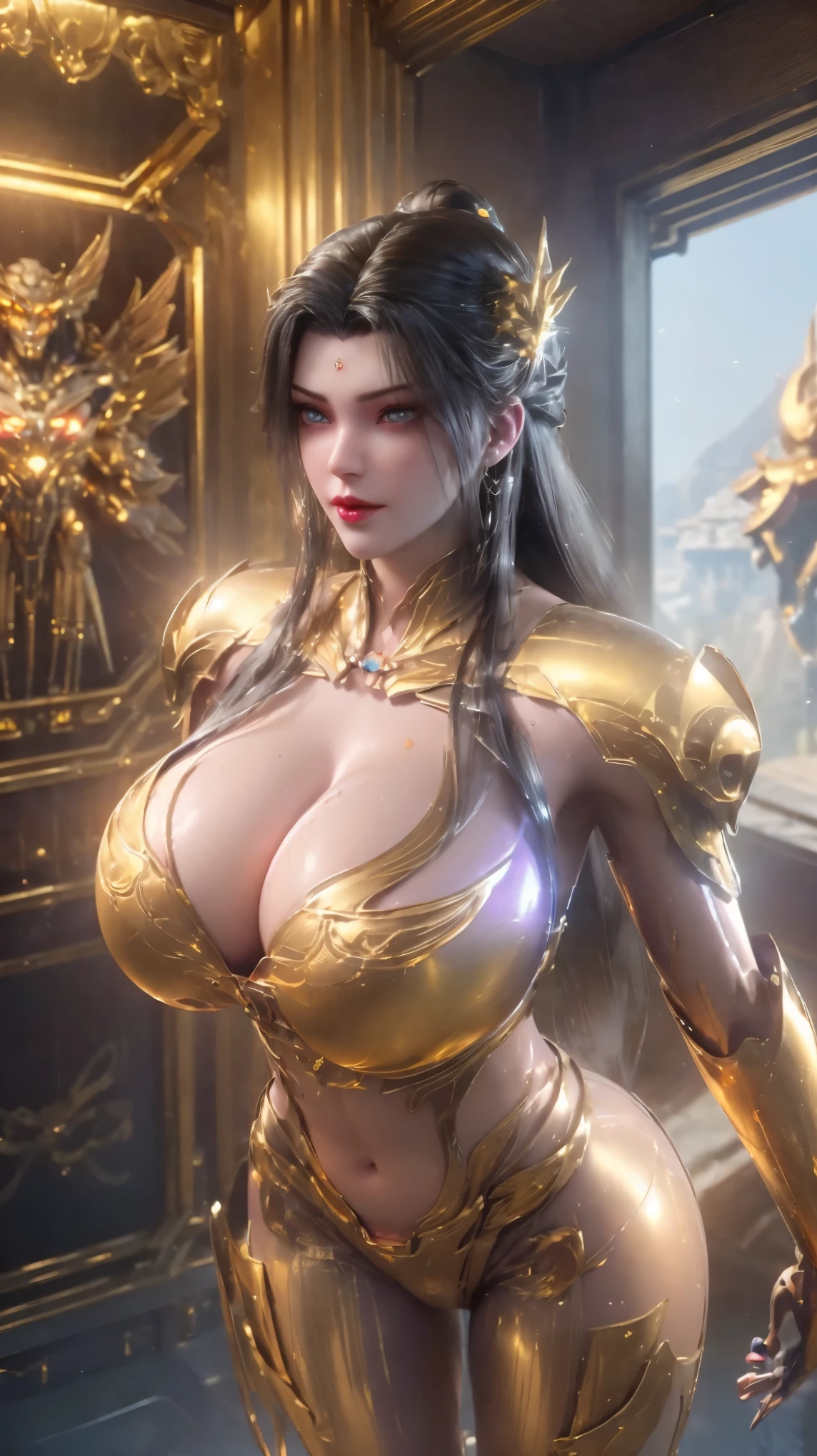 UPPER BODY,SOLO,(PHOENIX HELM), (GIGANTIC FAKE BREAST,CLEAVAGE,MUSCLE ABS:1.5), (NSFW,PURPLE,GOLDEN SHINY FUTURISTIC MECHA SCI-FI CROP TOP:1.5), (WHITE MECHA SKINTIGHT BIKINI:1.4),(SLENDER BODY MATURE WOMAN:1.5), (SWEATY BUSTY BODY:1.5), (LOOKING AT VIEWER:1.3),(CLOSE UP:0.8),(HALLROOM OF FUTURISTIC SPACE STATION:1), (PHOTOREALSITIC:1.4), (ULTRA-DETAILLIERT), (TOP-QUALITY), (BEST SHADOWS), (​MASTERPIECE), BRIGHT LIGHT IN ROOM, HYPER TEXTURE, (4X MSAA), ((UNREAL ENGINE 5 RENDER)), PHYSICALLY-BASED RENDERING, ULTRA HIGHT DEFINITION, 16K, 1080P.