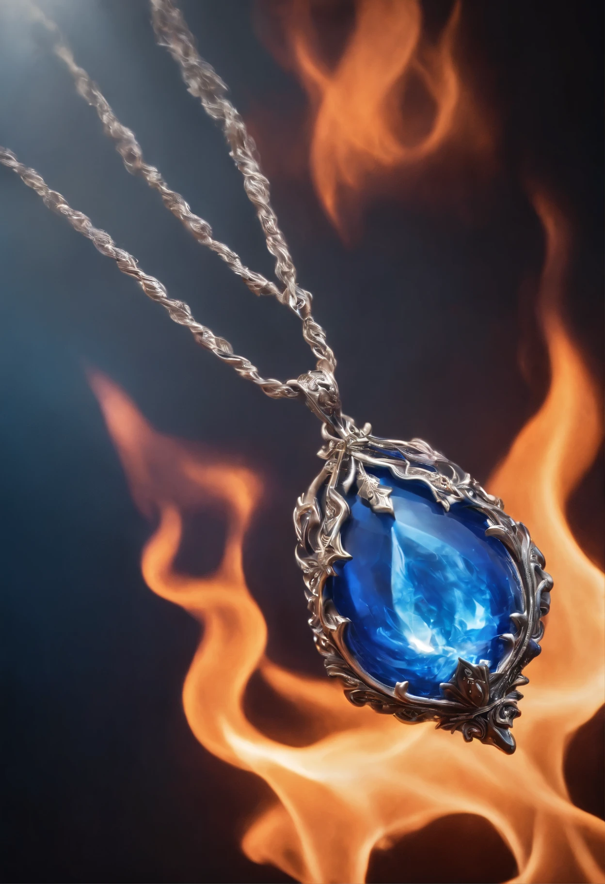 A blue glass pendant with red-hot fire inside and ice hangs on a chain, close up shot of an amulet, magic blue flame, magic amulet, blue flame, orange splash!, breathing blue flame, Portal to the Realm of the Lost Flame, blue flame, Magic Items, amulet, blue flame, Fantasy close-up with water magic and fire magic intertwined, holy flame spell, emerging from blue flame, fire, ash crystal, blue flameball