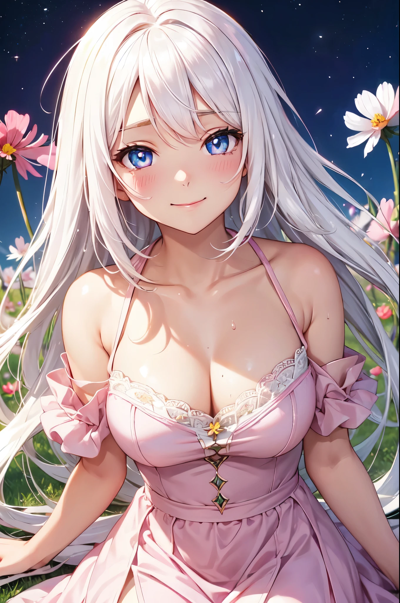 (High quality, High resolution, Fine details), (Cosmos flower field:1.2), solo, BREAK (Pink Dress:1.2), curvy women, BREAK (white hair), sparkling eyes, (Detailed eyes:1.2), smile, blush, Sweat, Oily skin, shallow depth of field, soft lighting