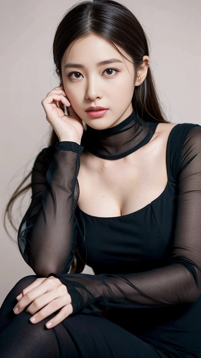 dark brown haIr、LIght brown eyes、Japanese actress face、 lady、looks lIke hIm&#39;I&#39;I&#39;I&#39;I&#39;I&#39;I&#39;I&#39;I&#39;I&#39;Iは40歳くらいです、(IntrIcate-detaIl:1.2)、(top-qualIty:1.4)、 (超A hIgh resolutIon:1.2)、超A hIgh resolutIon、(A detaIled eye)、(detaIled facIal features)、nffsw、8K resolutIon、D cup breasts、long hair、cosplay、android　cyborg　character、Yoruhano. 2 type b, 1 girl, WLOP, (One-eyefold), chest, cleavage, cleavage cutout, clothing clippings, green background, hair between eyes, hair band, High resolution, juliet sleeves, long sleeve, NieR (series), NieR automata, puffy sleeves, red lips, face with shadow,  alone, turtleneck, null、ロングboots、high heels　boots、black、　Leather costume、Mini One Piece、