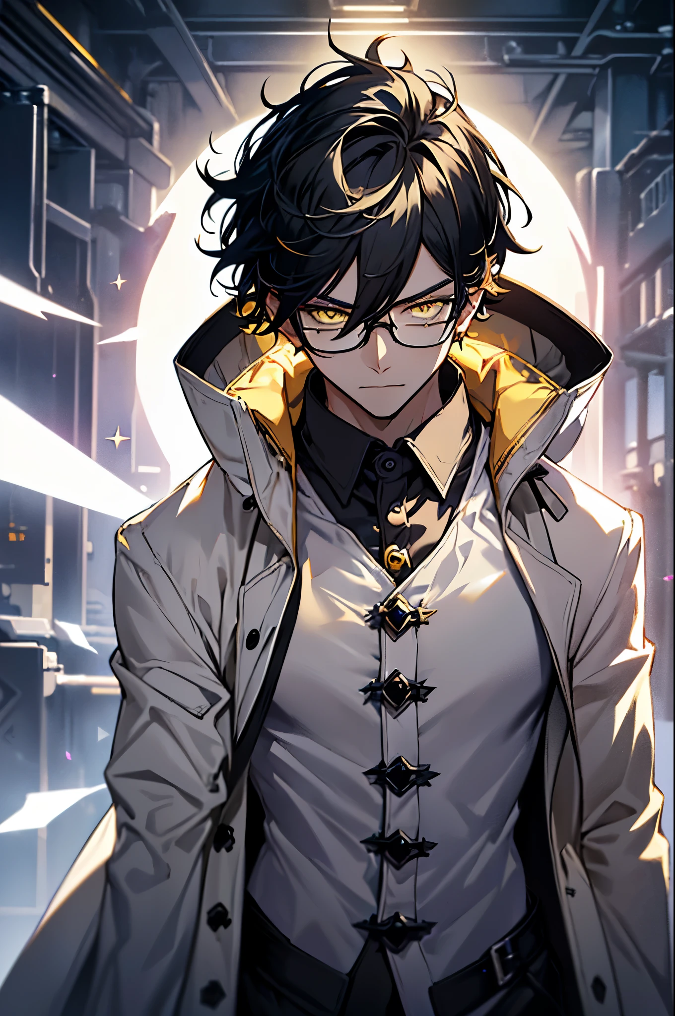 With black hair,A mischievous expression,side face,floating hair,light particles,glare,vivid,fancy,dreamlike,a dim atomshpere, ((White Shirt)) ((Black Overcoat)) ((Dark Fantasy)) ((Yellow-Eyes)) ((A Star on the Right Eye)) ((Mature)) ((man)) ((Glasses)) ((Sleeveless Coat))