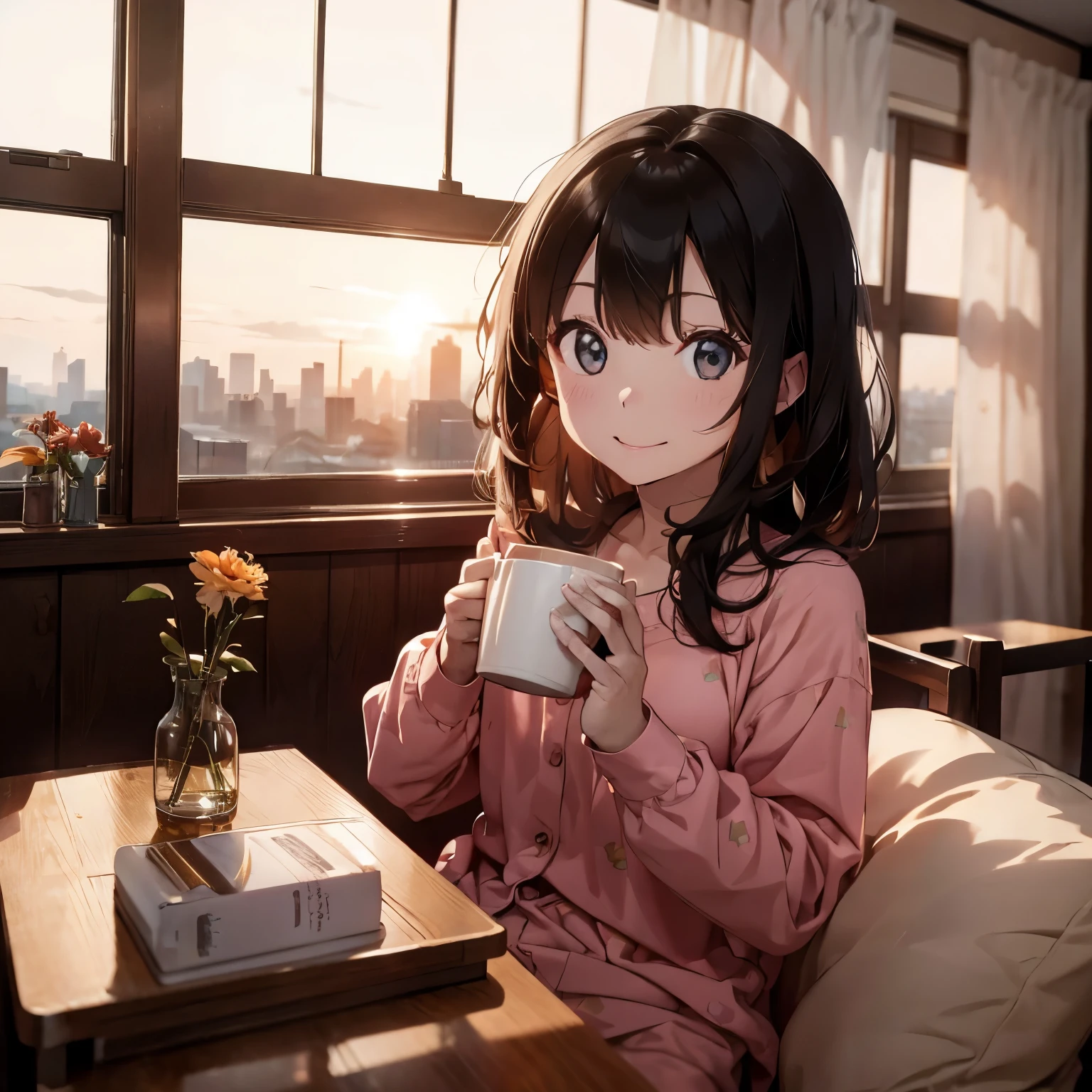 A (beautiful female)1.2 in contemplation, wearing ( pajamas)1.4, holding 1 (mug of hot coffee)1.2, (happy cheerful face)1.3, analog style nofilter selfie, seated by a window with (curtains and drapes)1.2, overlooking a (cityscape of sunrise)1.2, (backlit)1.2, (film grain)1.2, cinematic movie still frame, wooden seating, side table with 1 flower vase,