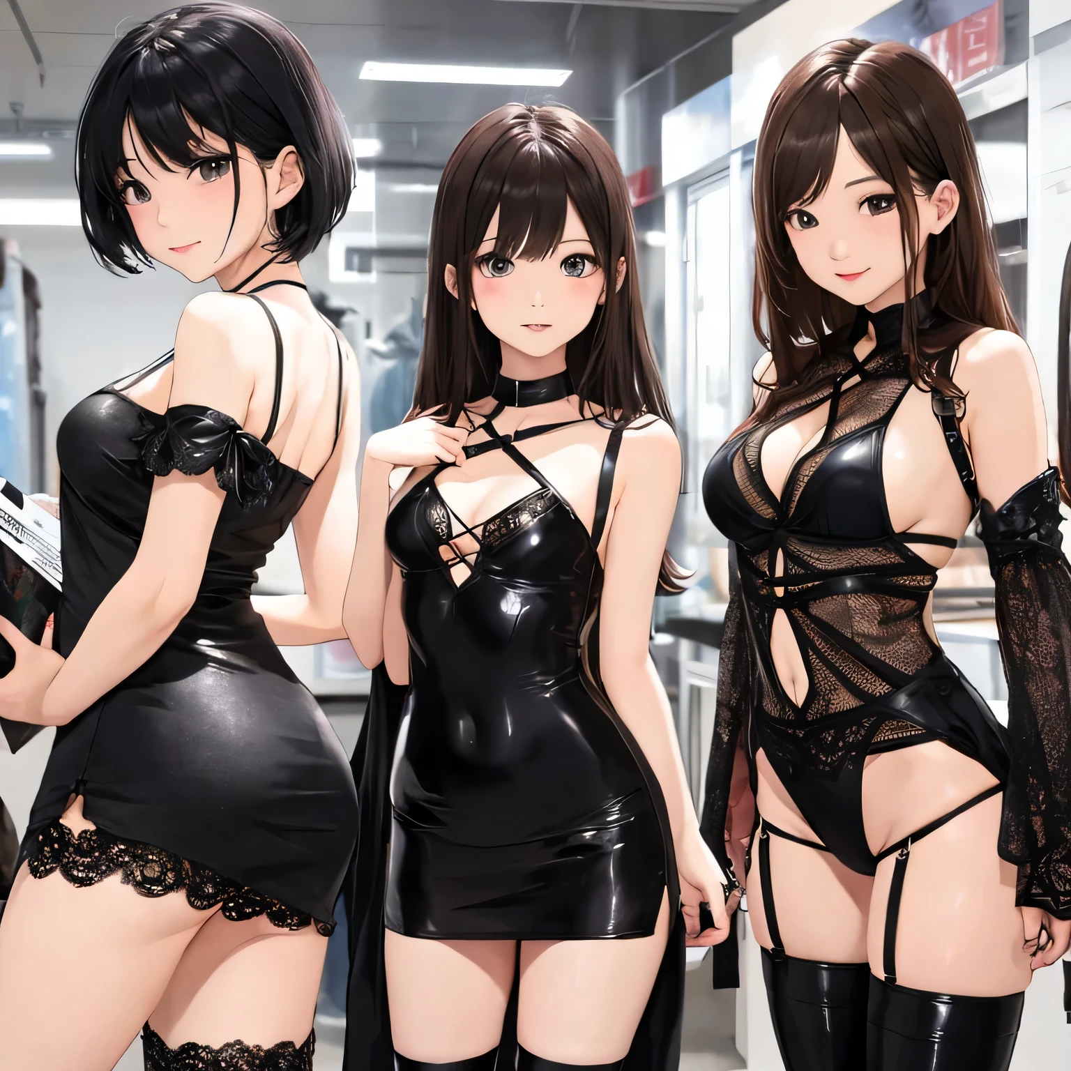 highest quality,High resolution, 8K, bodycon dress、Tight dress that emphasizes your body line、Creates a sexy and feminine silhouette。especially、Popular designs that expose the decolletage and legs.。
lace up boots、lace up heel boots、Gives a sexy and bold look。太ももまでの長さのブーツはespecially注目を集めることがあります。
leather and vinyl products、leather or vinyl skirts and pants、Tops are、Create a sexy and edgy style。光沢のある素材がespecially目を引きます。
See-through material items、See-through blouses and dresses、Showing your skin,、Gives a sexy and classy look。See-through designs on the chest and back styles are popular.。
Strap design items、Tops and bodysuits with lots of straps、that'It is sexy and has the effect of emphasizing the body line..。