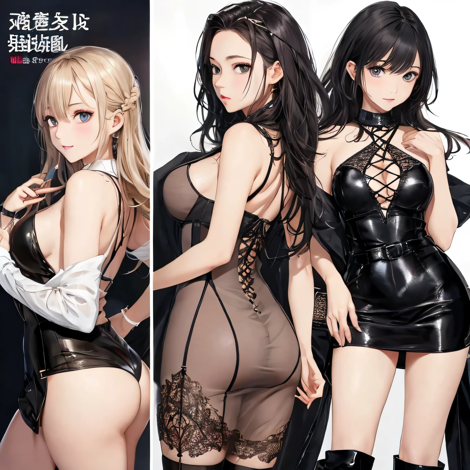 highest quality,High resolution, 8K, bodycon dress、Tight dress that emphasizes your body line、Creates a sexy and feminine silhouette。especially、Popular designs that expose the decolletage and legs.。
lace up boots、lace up heel boots、Gives a sexy and bold look。太ももまでの長さのブーツはespecially注目を集めることがあります。
leather and vinyl products、leather or vinyl skirts and pants、Tops are、Create a sexy and edgy style。光沢のある素材がespecially目を引きます。
See-through material items、See-through blouses and dresses、Showing your skin,、Gives a sexy and classy look。See-through designs on the chest and back styles are popular.。
Strap design items、Tops and bodysuits with lots of straps、that'It is sexy and has the effect of emphasizing the body line..。