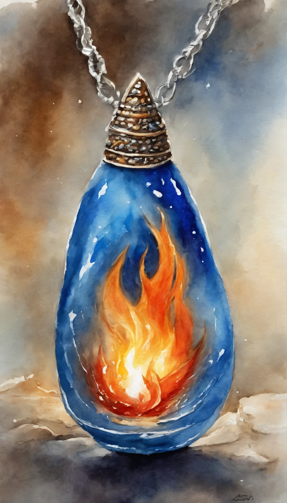 A blue glass pendant with red-hot fire inside and ice hangs on a chain, close up shot of an amulet, magic blue flame, magic amulet, blue flame, orange splash!, breathing blue flame, Portal to the Realm of the Lost Flame, blue flame, Magic Items, amulet, blue flame, Fantasy close-up with water magic and fire magic intertwined, holy flame spell, emerging from blue flame, fire, ash crystal, blue flameball