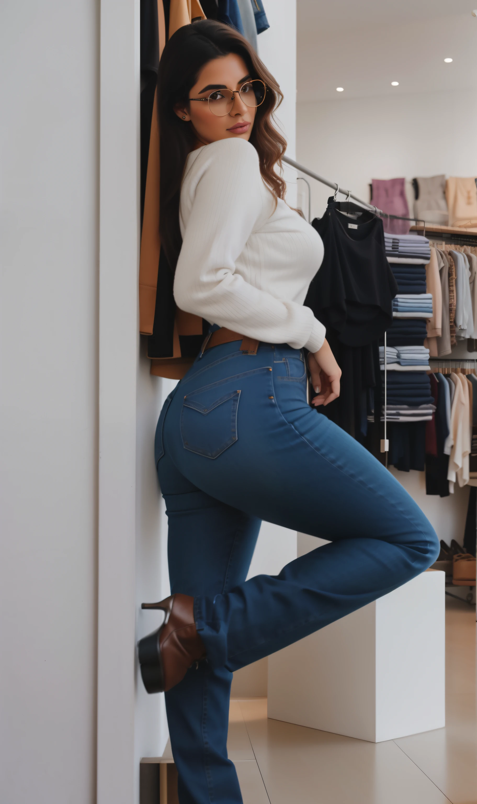 Mujer latina con lentes, Araffada joven apoyada contra una pared en una tienda de ropa., wearing vaqueros, De pie en un estante, vaqueros, ( ( ( wearing vaqueros ) ) ), Vaqueros azules ajustados y zapatos geniales., acercarse a un flaco, vaqueros y botas, Usar ropa simple y ajustada, booty with accentuated curves, Forma perfecta, vaqueros de mezclilla ajustados, cintura delgada y caderas gruesas, Lentes de aumento grandes y transparentes