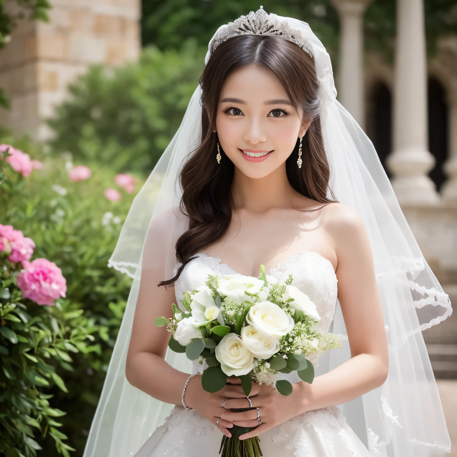(table top、highest quality、8K、very detailed and intricate details、The most complex and detailed textures、Ultra high definition)、(1 人の非常に若い 10 歳の妊娠中のbride:1.3)、big and full breasts、the most luxurious wedding dress、wedding lace、Top quality giant tiara、highest qualityの巨大なネックレス、the most luxurious and luxurious decoration、(surrounded by many flowers:1.2)、bride in the castle flower garden、the most luxurious and romantic wedding、(huge flower gardenに立つbride:1.2)、one giant fountain、huge flower garden、Exterior of the most luxurious and huge European castle in the background、(bride'upper body photo:1.2)、accurate anatomy、very bright、beautiful skin、the best smile when you look at me、(Background filled with flowers:1.2)