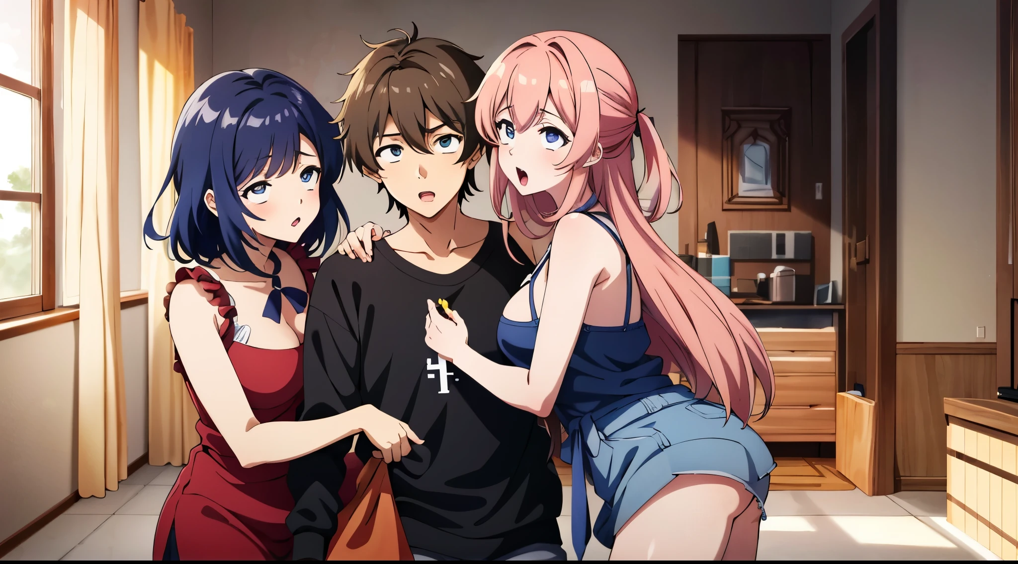 anime characters posing for a picture in a room with a window, visual novel cg, visual novel key visual, anime style 4 k, anime moe artstyle, ; visual novel, anime art wallpaper 8 k, anime in fantasy style, anime style. 8k, high quality anime artstyle, 4 k manga wallpaper, doki doki literature club, 4k anime wallpaper, garotas sexys, roupas sexys, garotas com roupas sensuais, biquini sensual, garotas com roupa de banho, MÃOS DETALHADAS, OLHOS CHAMATIVOS