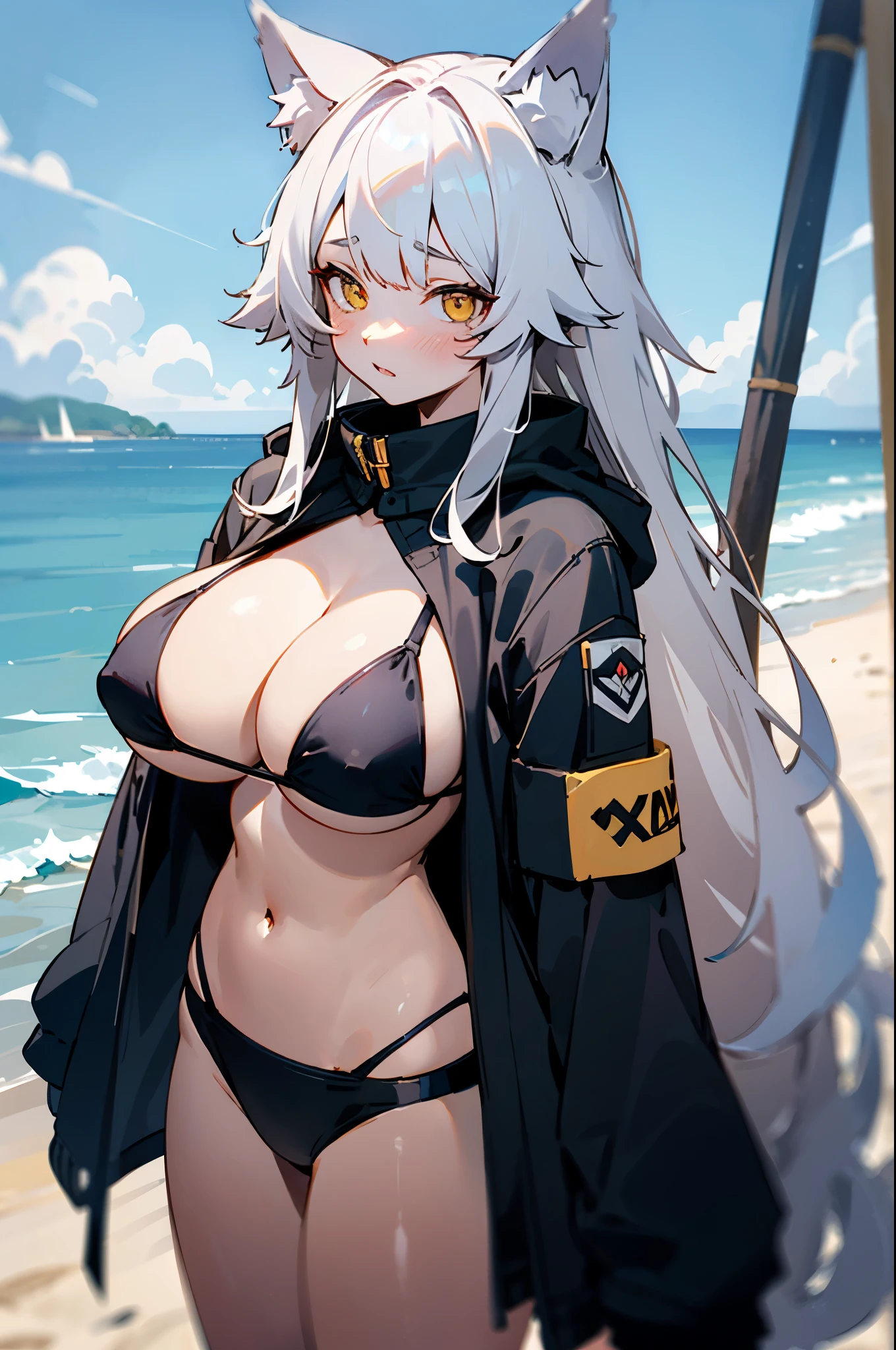 a wolf ear girl, white long hair, very big breast, yellow eye, black jacket, shy, black bikini, beach