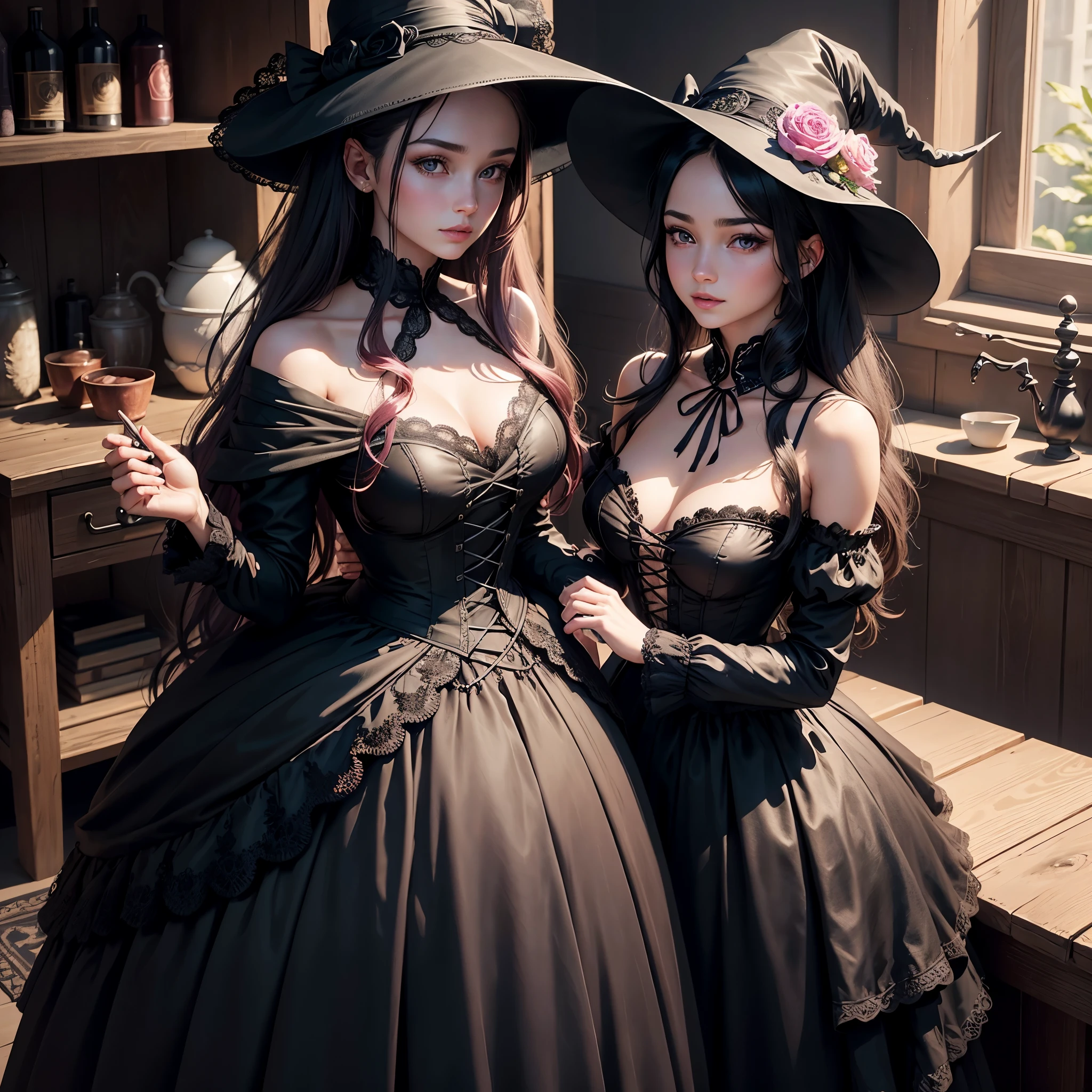 best quality,ultra-detailed,realistic,photorealistic,pink-eyed,long black hair,girl looks happy,beautiful detailed eyes,beautiful detailed lips,long eyelashes,best quality portrait painting,detailed,physically-based rendering,ultra-fine painting,fine details,painting,a teenage boy has joined a witch coven and gets magically transformed into a cute teenage witch girl,gender bending,witches are helping dressing the new girl,girl happily getting dressed in a stunning black victorian dress, physically-based rendering,gorgeous dress design,flowing gown,elaborate lace details,rich textures,contrast stitching,delicate ribbon bows,floral accents,full skirt,high neckline,long sleeves,fitted waistline,flared cuffs,lace-up back,imperfect fabrics,flawless silhouette,high heels, pink-eyed girl,effeminate face,pointy hat,long black hair,witches assisting in dressing up the new girl,promptly helps the new girl getting dressed in a stunning black Victorian dress, in a old wooden dark cabin with worned out furniture, magic sparkles, magic pot, potions on a shelf, pentagram, high resolution, 4K, 8K
