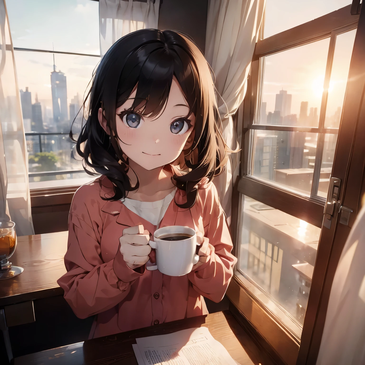 A (beautiful female)1.2 in contemplation, wearing ( pajamas)1.4, holding 1 (mug of hot coffee)1.2, (happy cheerful face)1.3, analog style nofilter selfie, seated by a window with (curtains and drapes)1.2, overlooking a (cityscape of sunrise)1.2, (backlit)1.2, (film grain)1.2, cinematic movie still frame, wooden seating, side table with 1 flower vase,