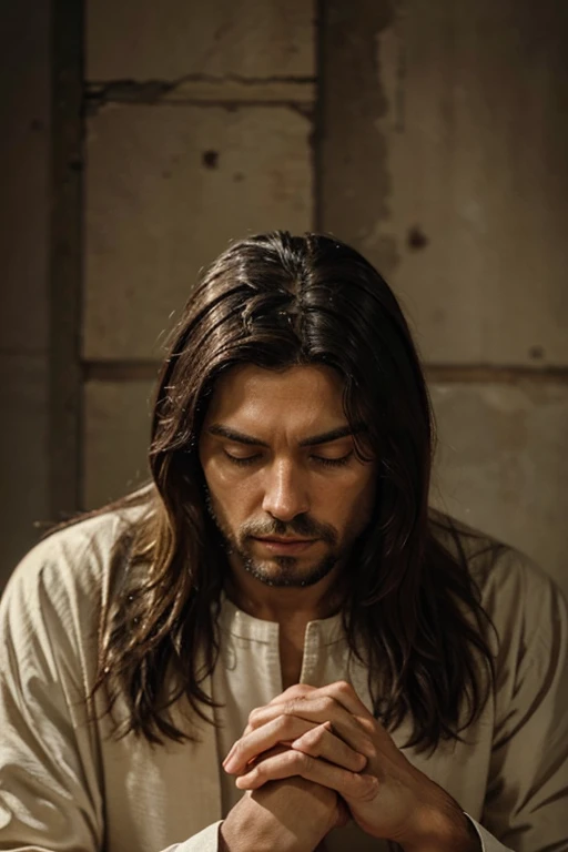 Jesus: Gentle representation of Jesus in a position of prayer or contemplation.