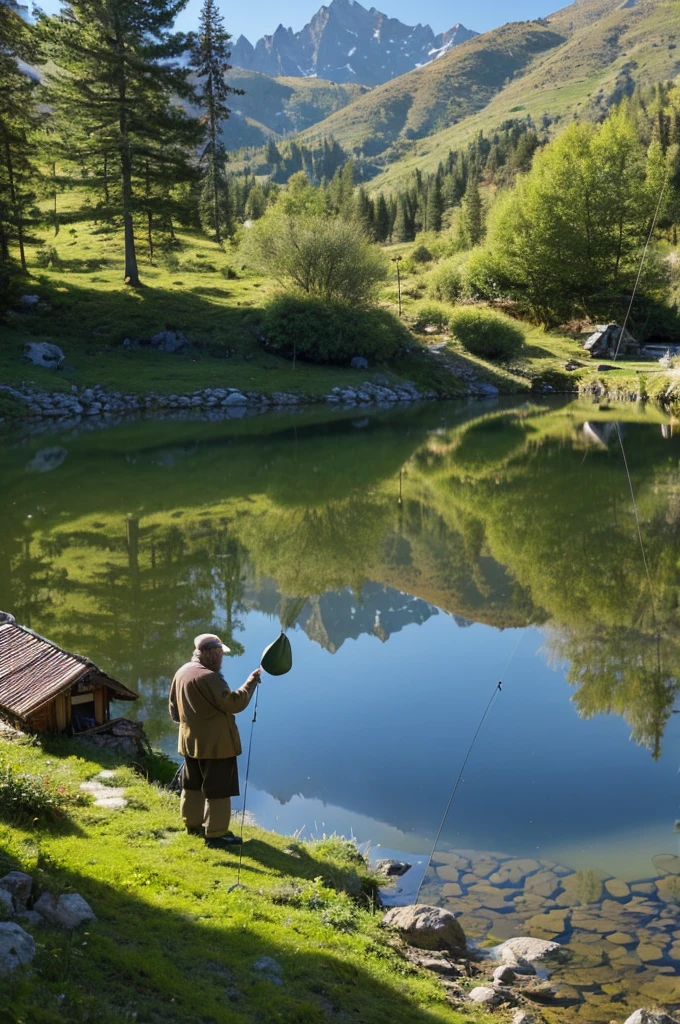 Deep in the mountains, a bearded old man lives in a small hut with a fishing line in a pond nearby. It is a long, quiet springtime.