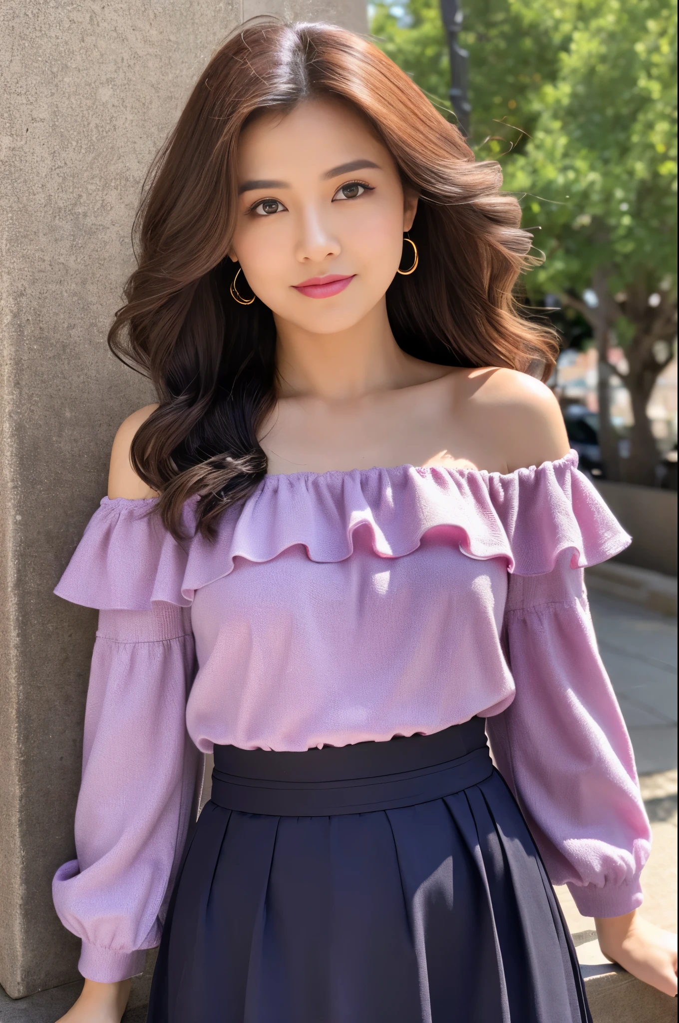 detailed background, masterpiece, best quality, 1 person , curly hair, long hair, purple eyes, star in eye , Strapless blouse, long skirt