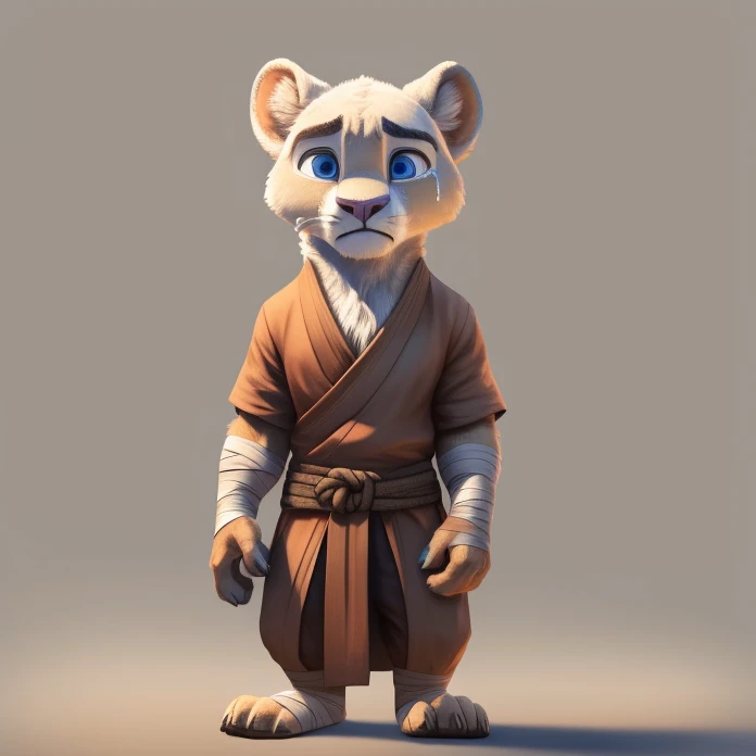 white lion, solo, male focus, blue eyes, monk clothes, bandage on ankle, cut bangs, small feet, (sad), crying, full body, standing, (soft shading), 4k, detailed face, detailed eyes, detailed, concept art style, blank background, front view, zootopia style