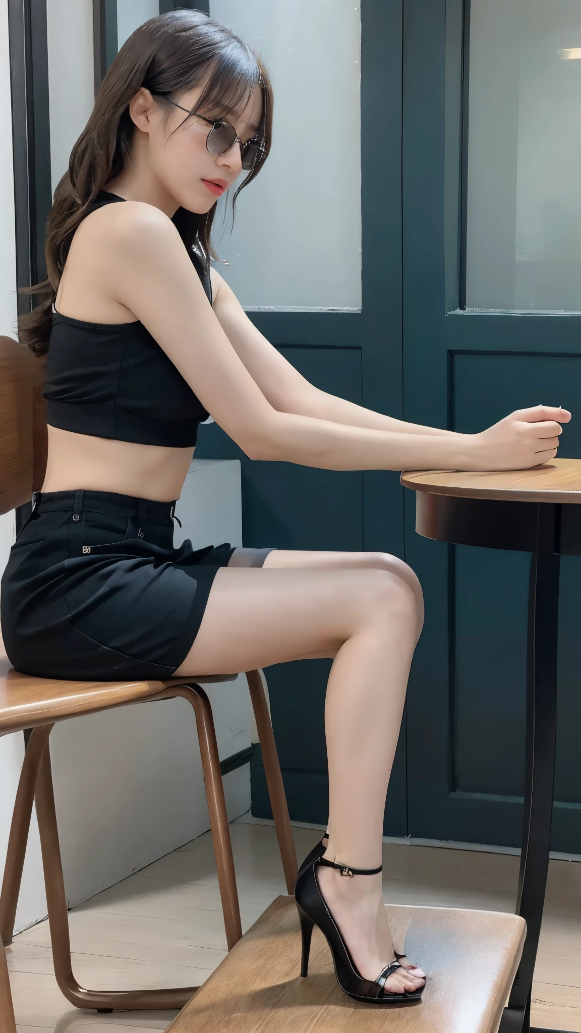 table top, highest quality, figure, super detailed, finely, High resolution, 8k wallpaper, 完璧なダイナミックな構figure, beautiful and fine eyes, woman's fashion fluffy winter clothes,Wearing sunglasses,medium hair,small breasts natural color lip, bold sexy pose、20 year old girl、cute、sexy shot looking at camera,RAW photo,anatomically correct body,blur the background,perfect and beautiful face,KPOP idol face,Slim face and body、Wearing a black miniskirt,Wearing black high heels,sitting in a chair,
