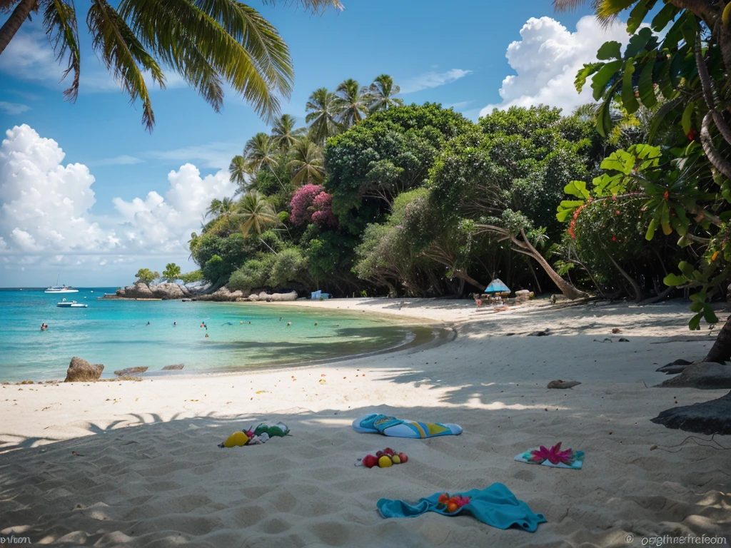 vacation, tropics
(best quality,4k,8k,highres,masterpiece:1.2),ultra-detailed,(realistic,photorealistic,photo-realistic:1.37),HDR,UHD,studio lighting,ultra-fine painting,sharp focus,physically-based rendering,extreme detail description,professional,vivid colors,bokeh,tropical,bright and vibrant colors,serene and tranquil atmosphere,Clear blue sky,white sandy beaches,crystal clear turquoise water,tall swaying palm trees,exotic tropical flowers,refreshing ocean breeze,relaxing sunbathing,scenic tropical landscapes,azure ocean waves gently lapping the shore,luxurious beach resorts,hammocks strung between palm trees,beach chairs with colorful umbrellas,families playing in the sand and water,snorkeling and scuba diving in coral reefs,colorful tropical fish swimming in transparent waters,beautiful underwater world, tropical cocktails with colorful fruit garnishes,enjoying a tropical sunset on the beach,traditional music and dance performances,coconut trees providing shade,sipping coconut water,straw hats and sunglasses,summer dresses and shorts,swimsuits and bikinis,fun-filled beach activities,sea shells and starfish,seagulls soaring in the sky,exotic wildlife and tropical birds chirping,colorful beach towels and beach bags,leisurely boat rides in the tropics,admiring the beauty of tropical rainforests and waterfalls,exploring hidden caves and coves in the tropics,a warm and inviting tropical paradise.