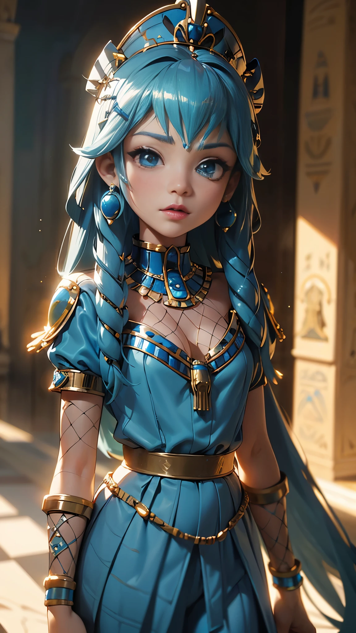 (La mejor calidad,A high resolution,Ultra - detallado,actual),Ariana Grande con traje de cleopatra pharaoh ,princesa  Egipto, (fondo palacio Egipto),More detailed 8K.motor irreal:1.4,UHD,La mejor calidad:1.4, fotorrealista:1.4, textura de la piel:1.4, obra maestra:1.8,obra-prima, mejor calidad,objeto Objeto], (detailed face features:1.3),(Las proporciones correctas),convexo，(Dedos de camello)，(fishnet:1.4),(Ojos hermosos azules) ,(fondo azul agua), (cleopatra pharaoh:1.4) 