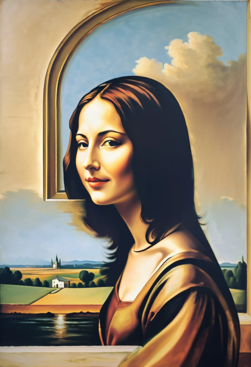 double view optical illusion art,Mona Lisa's smile coincides with the scenery,Works by Oleg Shupik,minimalist art,,Retro,oil paint strokes