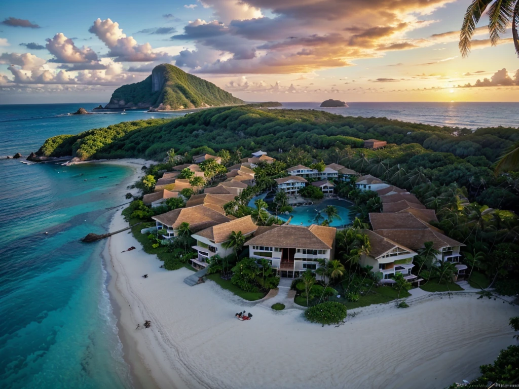 vacation, tropics (best quality,4k,8k,highres,masterpiece:1.2),ultra-detailed,exotic destination,vibrant colors,tropical oasis,sandy beaches,swaying palm trees,crystal clear turquoise waters,serene atmosphere,island paradise,nature retreat,luxury resort,refreshing cocktails,adventure and relaxation,hidden treasures,paradise found,unspoiled beauty,secluded beach cove,tropical sunsets,coconut trees,sun-kissed skin,tropical breeze,sandy feet,coral reefs,diving,snorkeling,hammocks,beachside cabanas,sea turtles,tropical fruits,sunset cruise,scenic hikes,waterfalls,exotic wildlife,exploring the jungle,local hospitality,exquisite cuisine,authentic cultural experiences,secluded villas,luxurious spa treatments,tropical music,long walks on the beach,memorable sunrises,jaw-dropping vistas,ultimate tropical escape