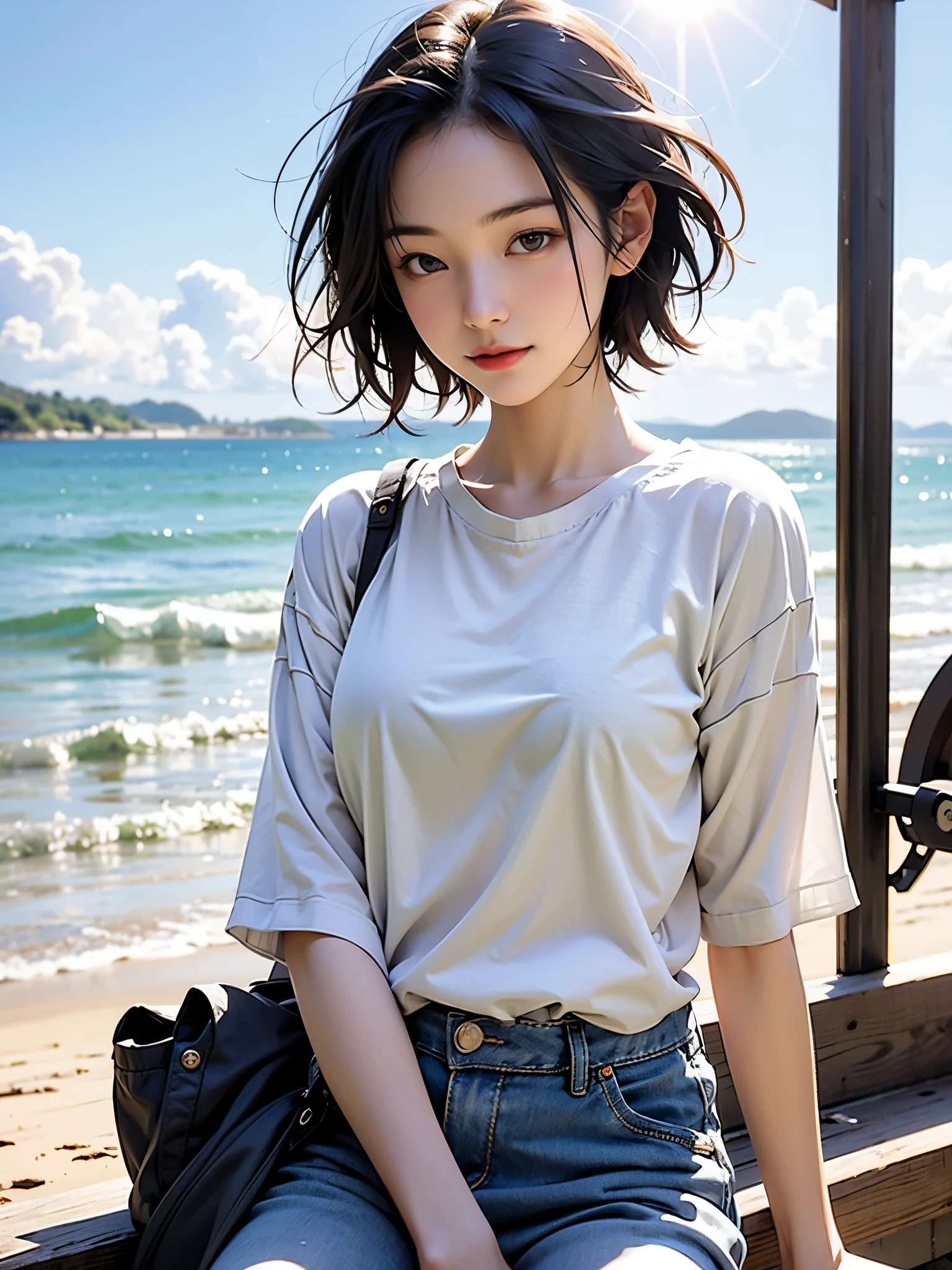 Create an image of an Asian woman with short hair, wearing a thin white t-shirt and short jeans. Turn to look at the viewer Being on the beach, the sun in the background, natural light