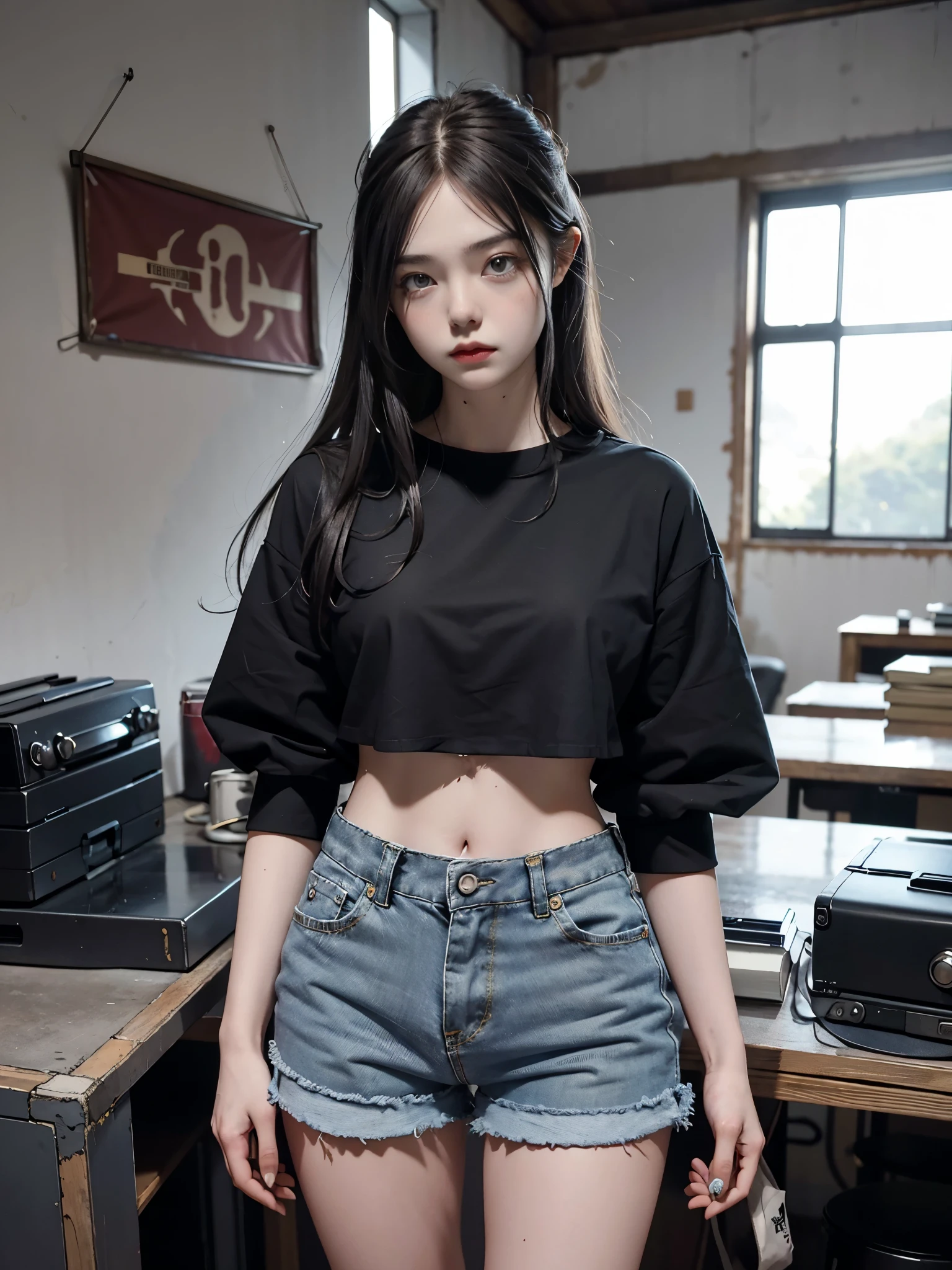 Girl in metal Bom and tight denim skirt posing for photo, corpo todo, com camiseta cropped, Bom, black cropped pants, Corpo fino, Busto pequeno, corpo do suor, molhado, modelo de  magra, Modelo feminina de 24 anos, deitado na cama,