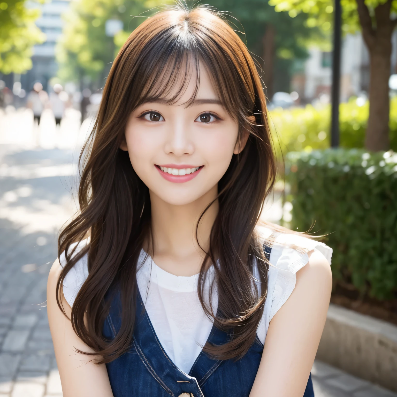table top, highest quality, shape, Super detailed, finely, High resolution, 8k wallpaper, 完璧なダイナミックな構shape, beautiful and detailed eyes, spring ladies fashion,wavy hair、natural color lip, bold sexy pose、the biggest smile when you look at me、the most beautiful white teeth、Harajuku、20 year old girl、cute、sexy shot looking at camera、(upper body photo:1.1)、(accurate anatomy:1.1)、blurred background、girl portrait photo