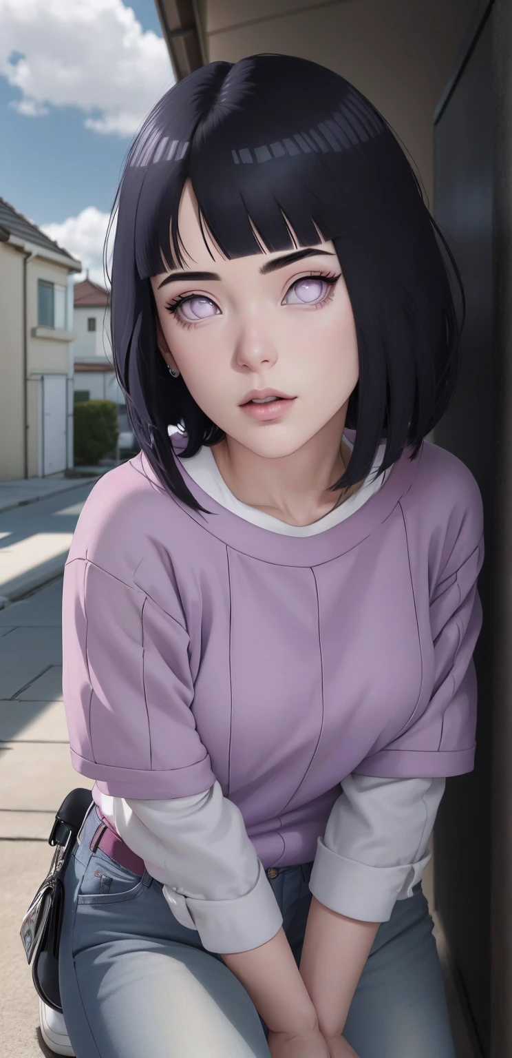 { - anatomy error}(Masterpiece - Ultra-detailed, very high resolution) , absurdos, Hinata\(Boruto\), 1girl, sozinho,Mature female, Capuz roxo,mangas em camadas, jeans, ao ar livre, Cloudy sky, perfect composition, circunstanciado lips, peito grande, beautiful face, body propotion, corar, (pink lips), cabelos pretos curto (black hair), lilac eyes, olhar suave, super realistic, circunstanciado, Photo Session, rosto e corpo realistas, Realistic hair, olhos realistas, nariz realista, realistic lips, anime, walking with lilac shoes.