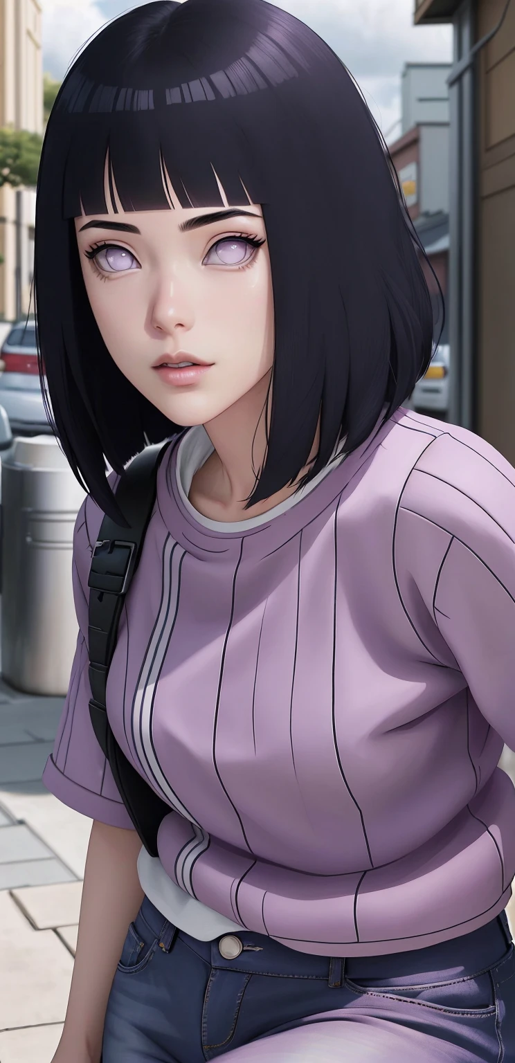 { - anatomy error}(Masterpiece - Ultra-detailed, very high resolution) , absurdos, Hinata\(Boruto\), 1girl, sozinho,Mature female, Capuz roxo,mangas em camadas, jeans, ao ar livre, Cloudy sky, perfect composition, circunstanciado lips, peito grande, beautiful face, body propotion, corar, (pink lips), cabelos pretos curto (black hair), lilac eyes, olhar suave, super realistic, circunstanciado, Photo Session, rosto e corpo realistas, Realistic hair, olhos realistas, nariz realista, realistic lips, anime, walking with lilac shoes.