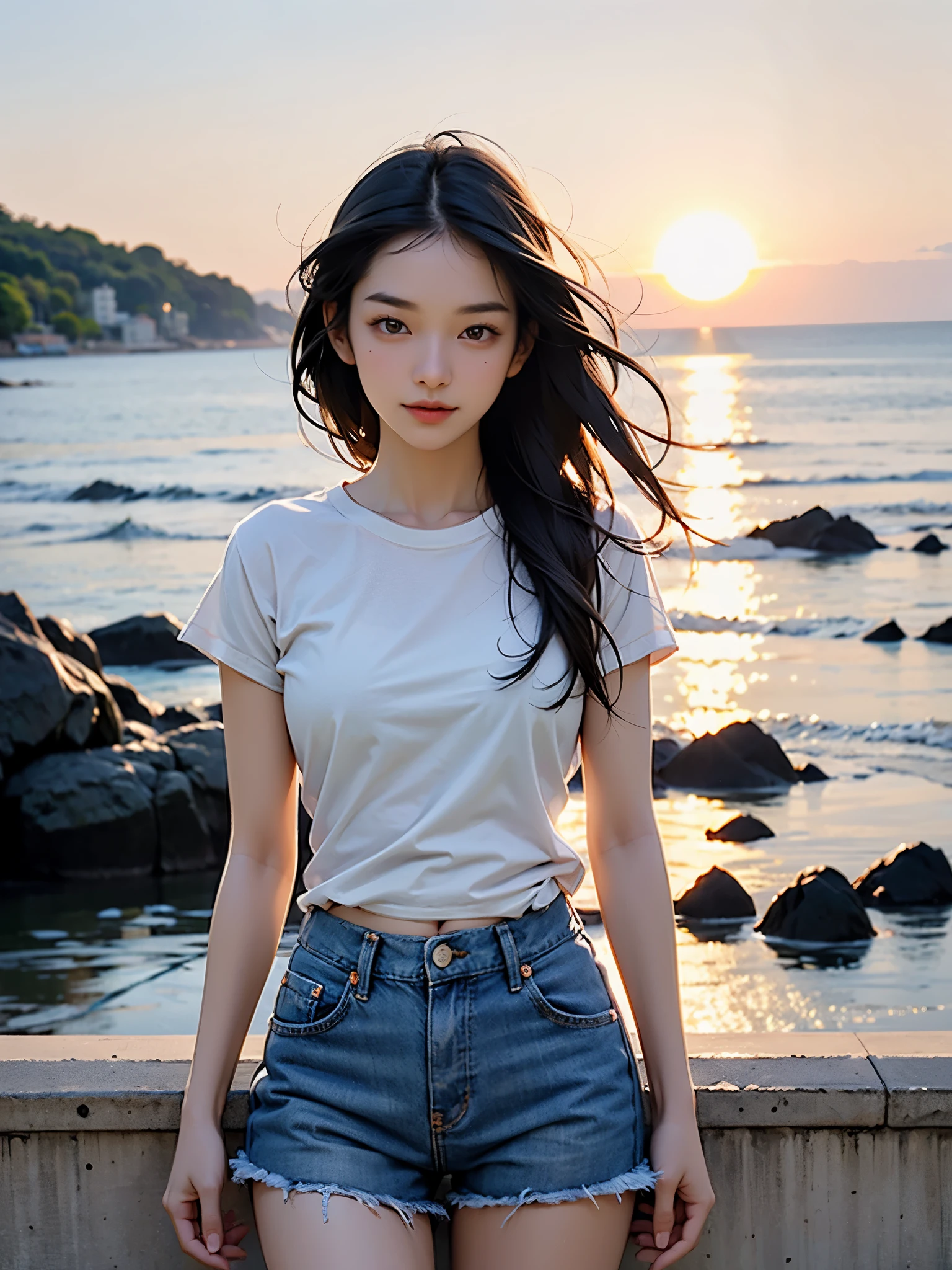 Create an image of an Asian woman wearing a thin white t-shirt and jeans shorts. Turn to look at the viewer Being on the beach, the sun in the background, natural light