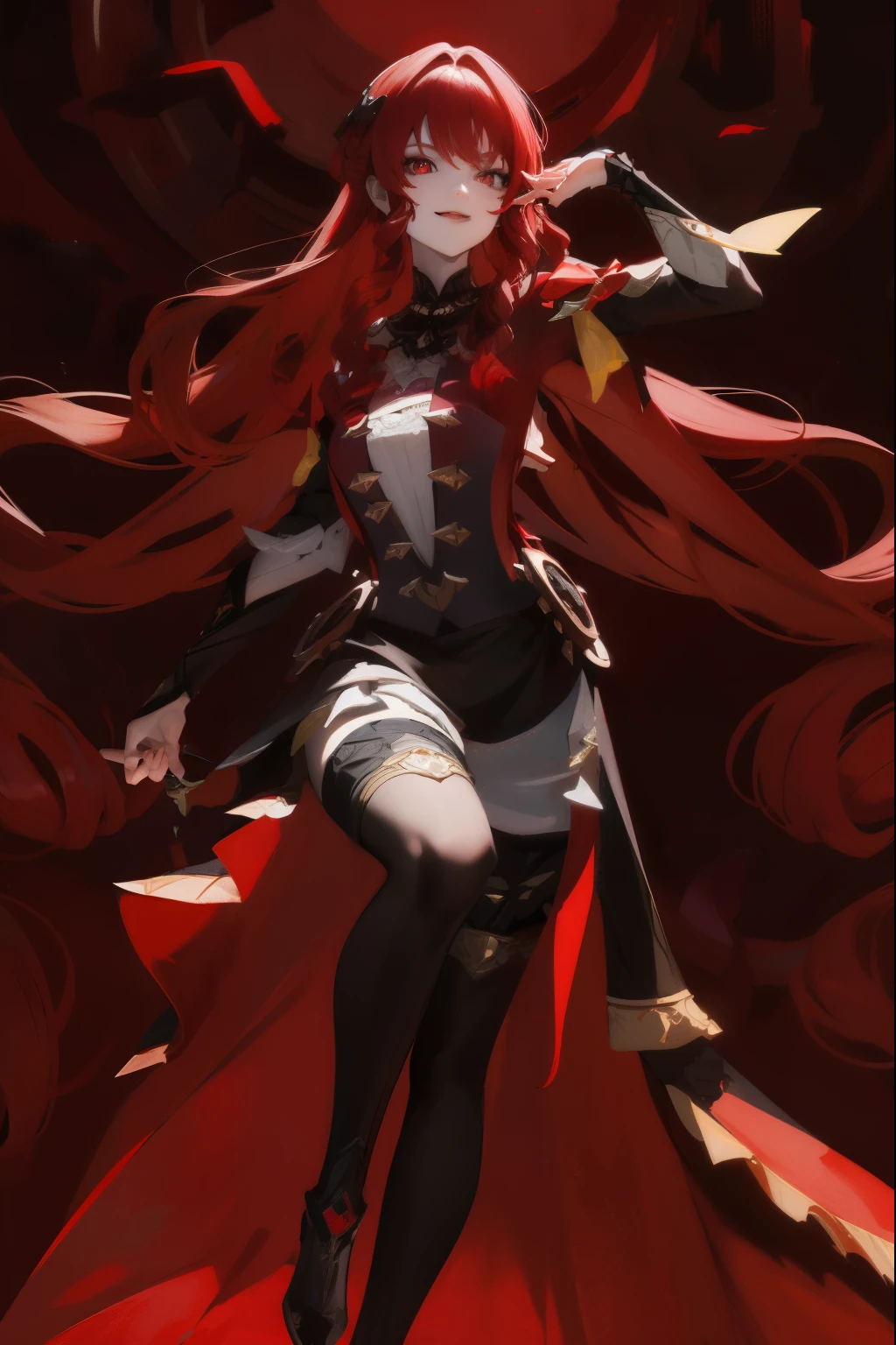 masterpiece， best quality， dynamic poses，high resolution， 1 girl， alone， Modern vampires， Red hair， long hair， Open the hair， red eyes， smile， both vampires with Red hair， Red and black clothes， horrific background，
