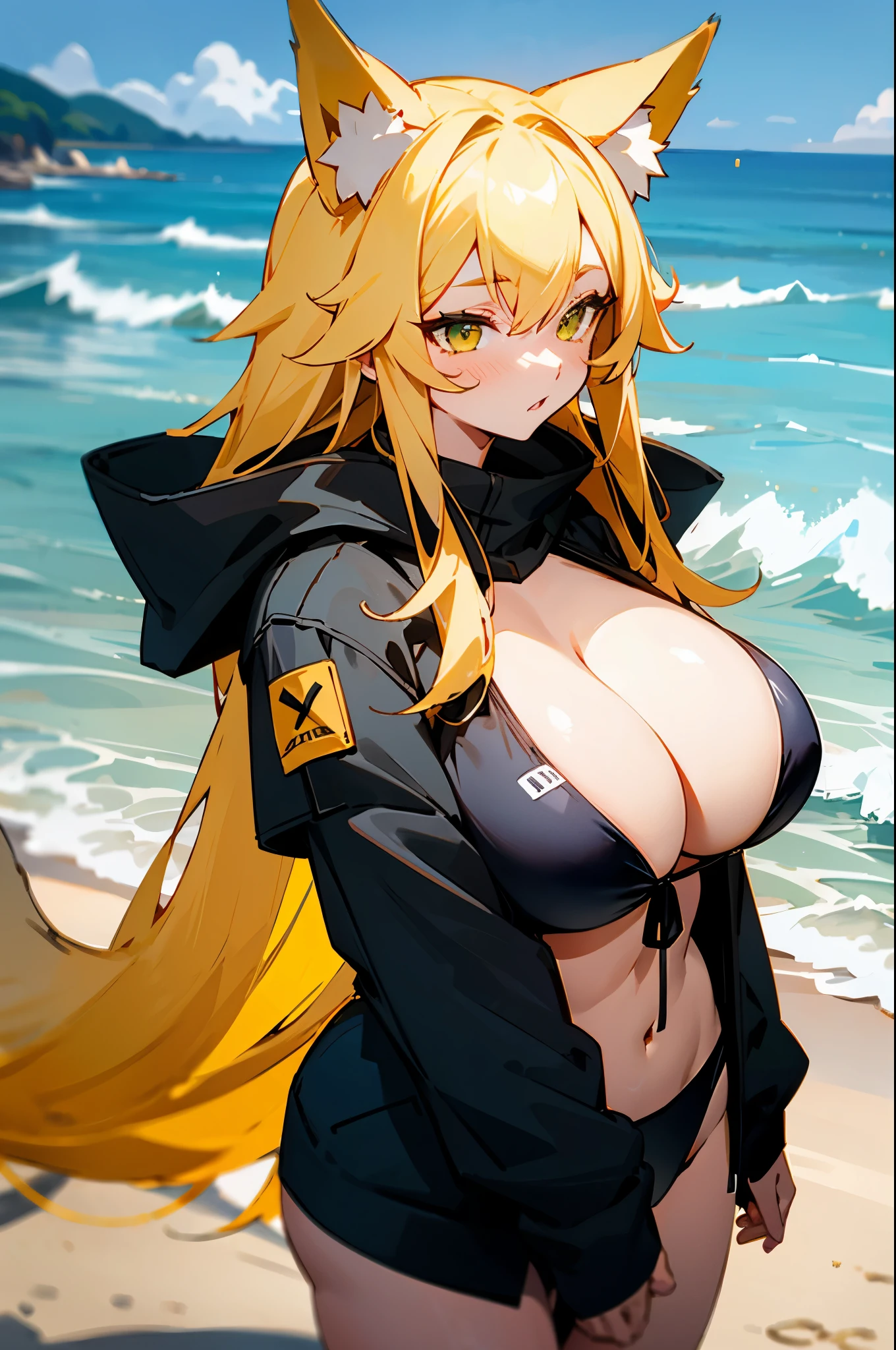 a fox ear girl, yellow long hair, very big , green eye, black jacket, shy, black bikini, beach