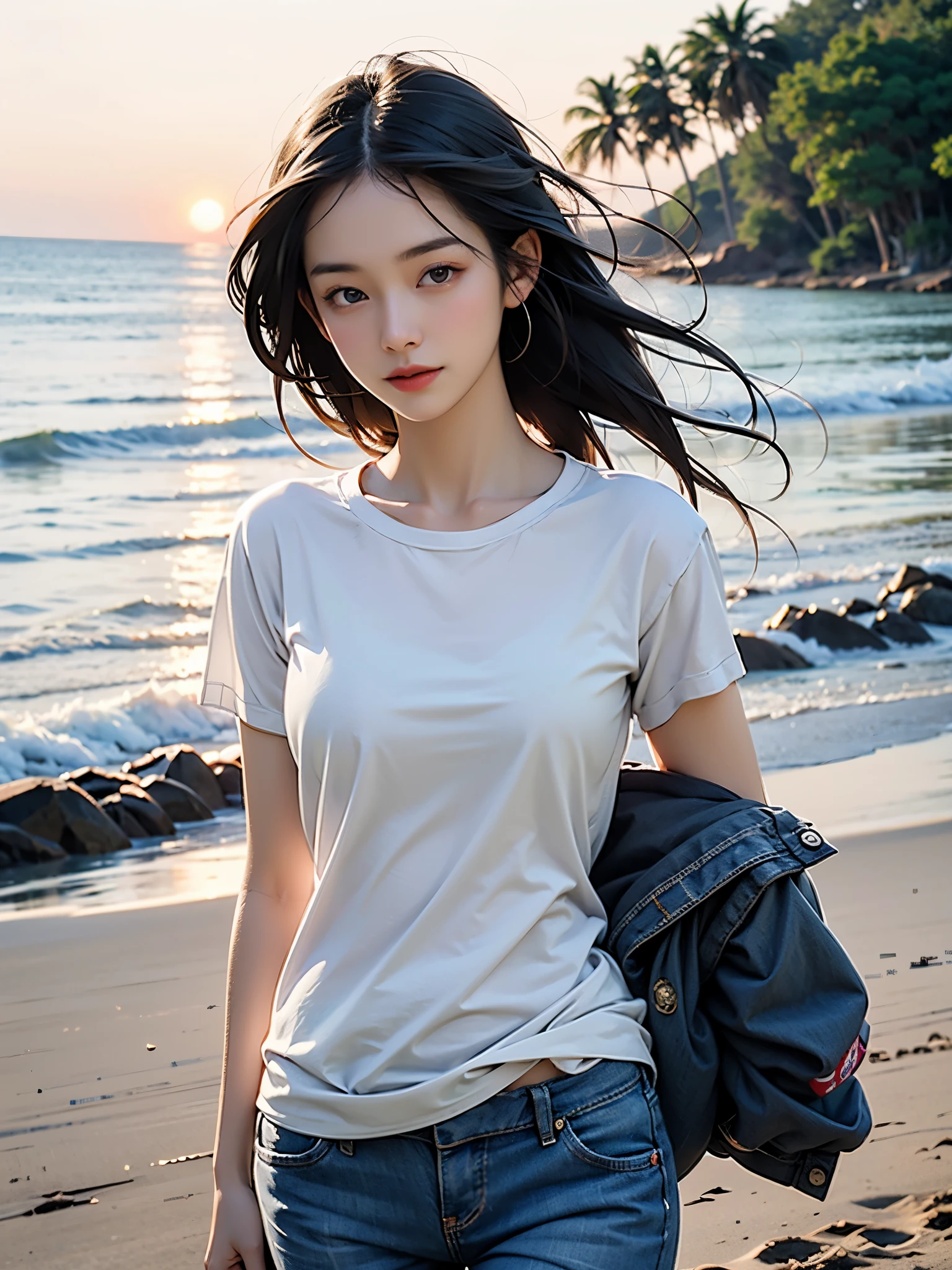 Create an image of an Asian woman wearing a thin white t-shirt and jeans shorts. Turn to look at the viewer Being on the beach, the sun in the background, natural light