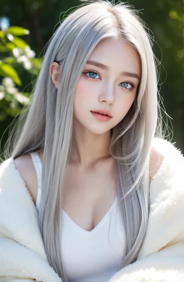 -yeld gi1 person、Baby Facee、Full body photo、(Fur coat、White fox fur、Fluffy fur:1.5)、Small breasts、Small breasts、smile、bangs、Long Hair、(White fox fur、Fox Ears、Silver Hair、Crystal clear hair、Smooth Hair:1.5)、Sexy pose、The light illuminates my hair、Light Hair、Silky Hair、Shiny Hair、Slim body、RAW Photos, (Highest quality、masterpiece、Realistic photo:1.2)、Dramatic lighting、Bright lighting、Super detailed、Realistic skin texture、Beautiful eyes in every detail、Blue colored eyes、land of snow、Snow is piled up、Fantasy World、(Detailed Background、Depth of written boundary:1.2)、