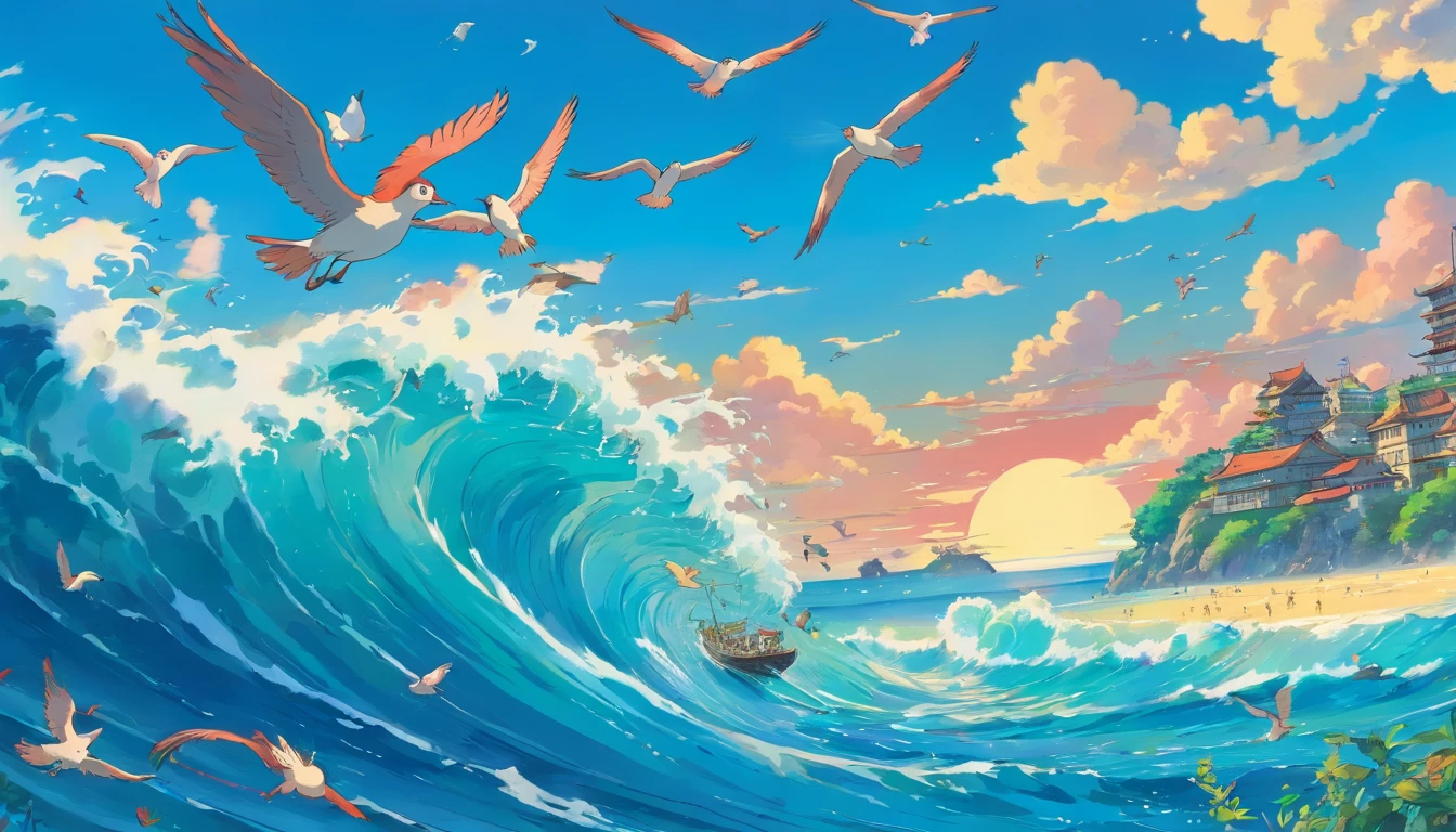 ocean, birds flying 90's anime style