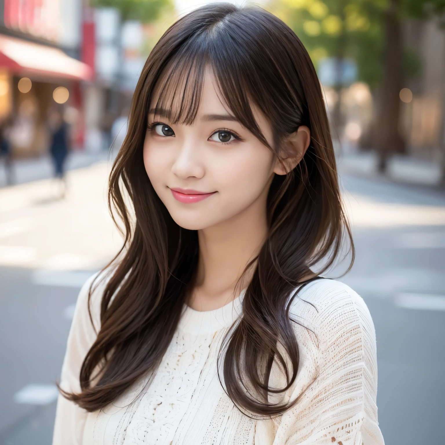 table top, highest quality, shape, Super detailed, finely, High resolution, 8k wallpaper, 完璧なダイナミックな構shape, beautiful and detailed eyes, Women's fashion in winter,wavy hair、natural color lip, bold sexy pose、the biggest smile when you look at me、the most beautiful white teeth、Harajuku、20 year old girl、cute、sexy shot looking at camera、(upper body photo:1.1)、(accurate anatomy:1.1)、(blurred background、girl portrait photo)
